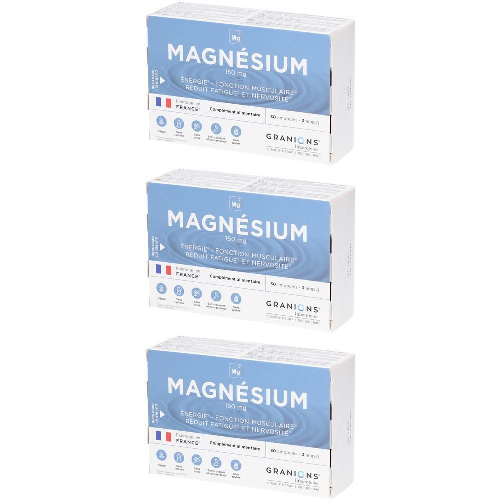 Drei Schachteln Granions Magnesium 150 mg, Nahrungsergänzungsmittel.