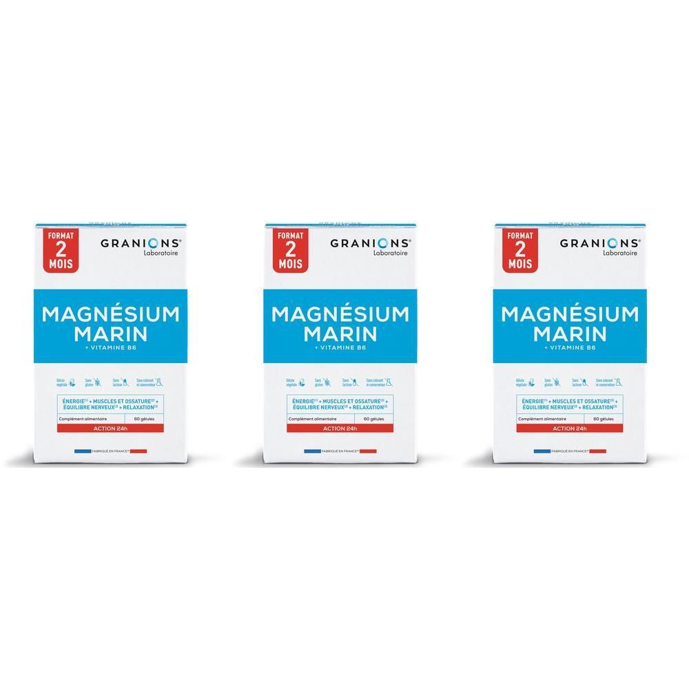 Drei Packungen Granions Magnesium Marin 300 mg nebeneinander.