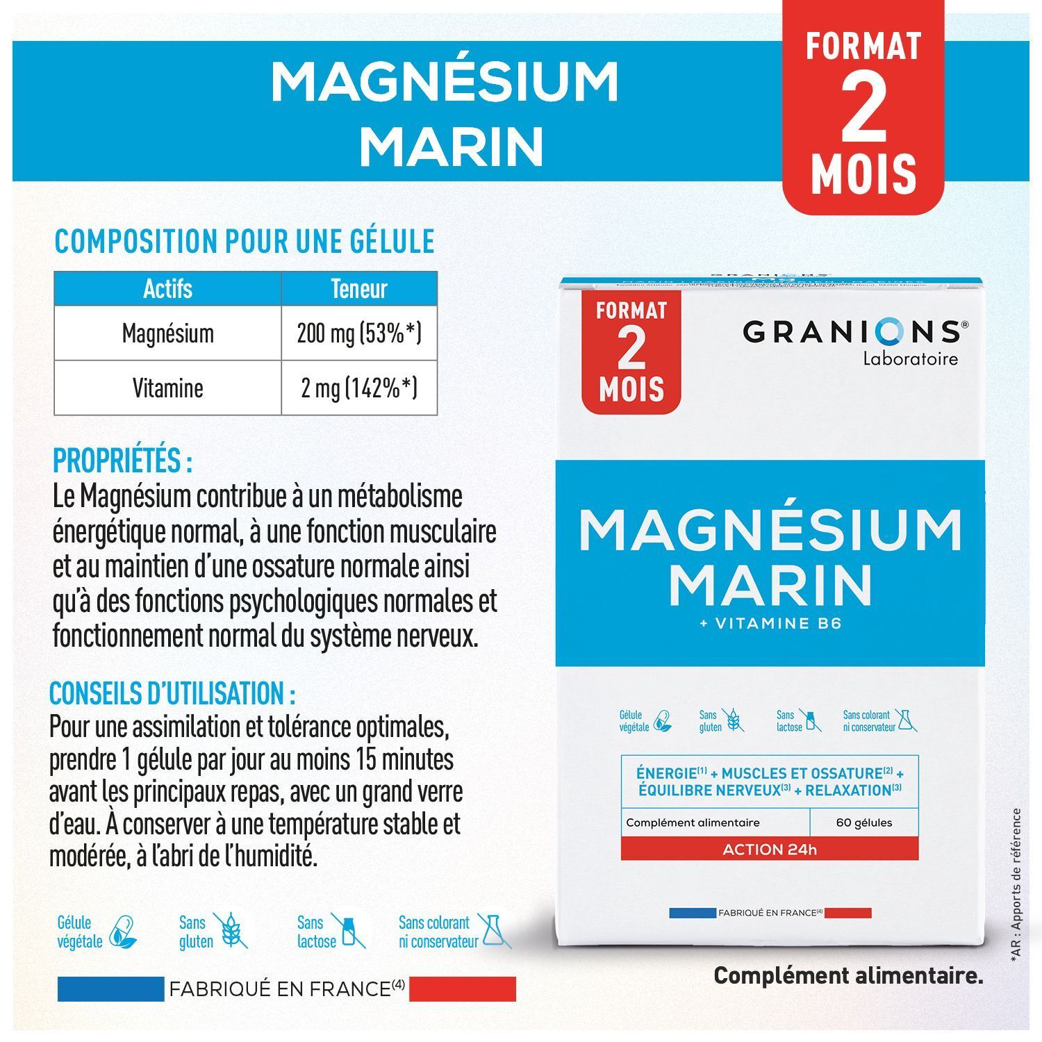 Packung Granions Magnesium Marin 300 mg mit detaillierter Nährwertangabe und Eigenschaften.