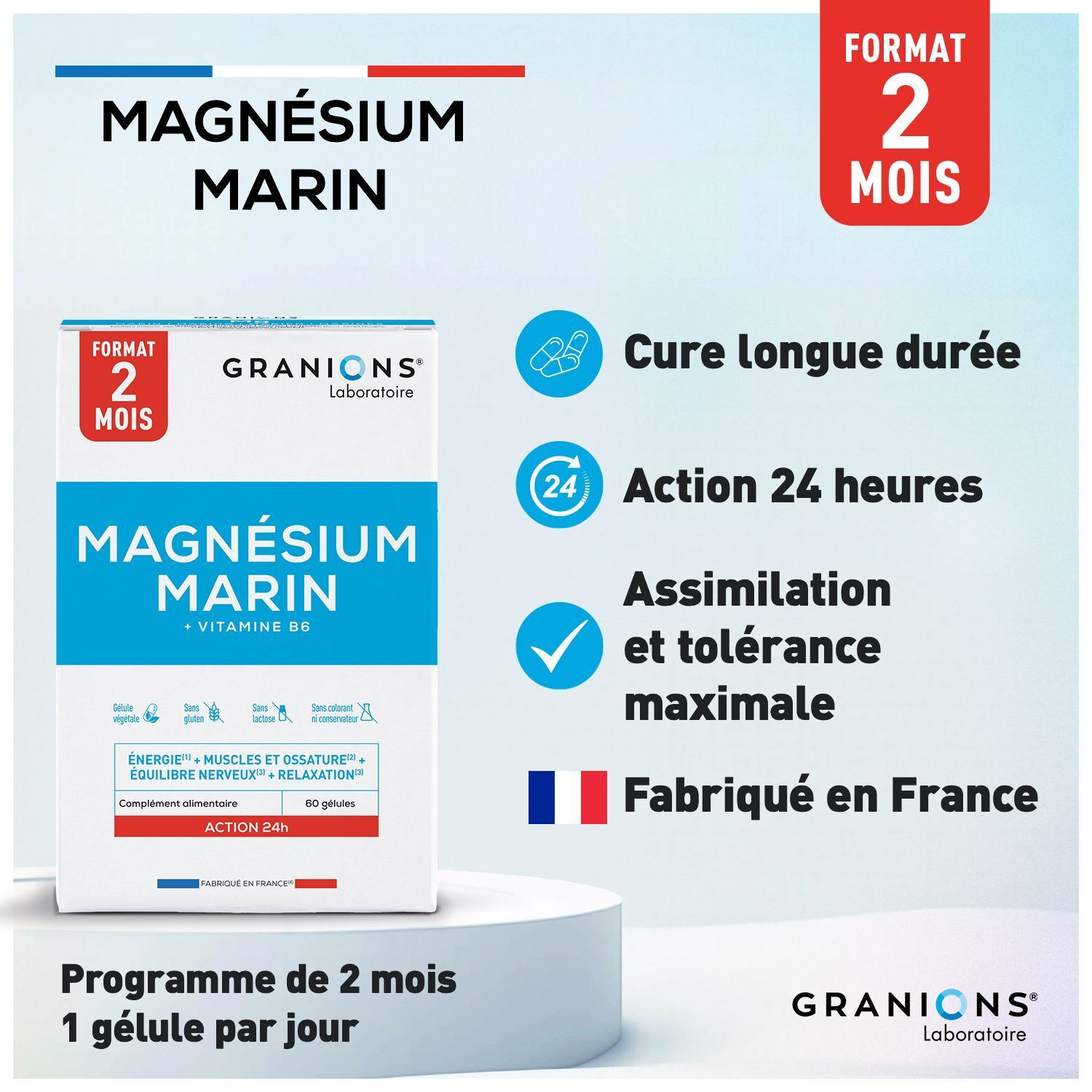 Packung Granions Magnesium Marin 300 mg mit Hervorhebung von Langzeitwirkung und Herstellung in Frankreich.