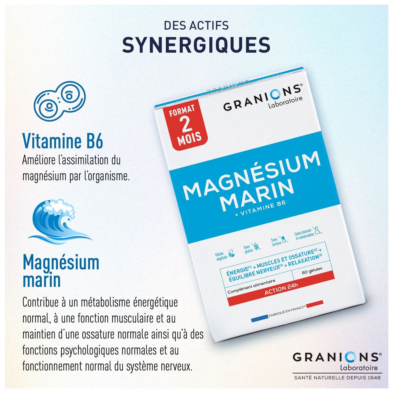 Packung Granions Magnesium Marin 300 mg mit Erläuterung der synergetischen Wirkstoffe Vitamin B6 und Meeresmagnesium.