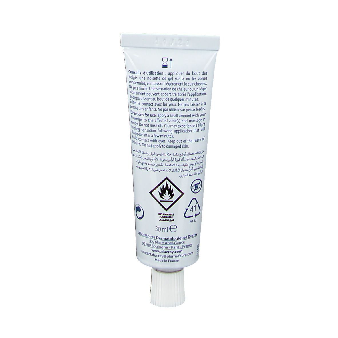 Dos du tube. Texte: Conseils d'utilisation, avertissements, 30 ml, logo Ducray.