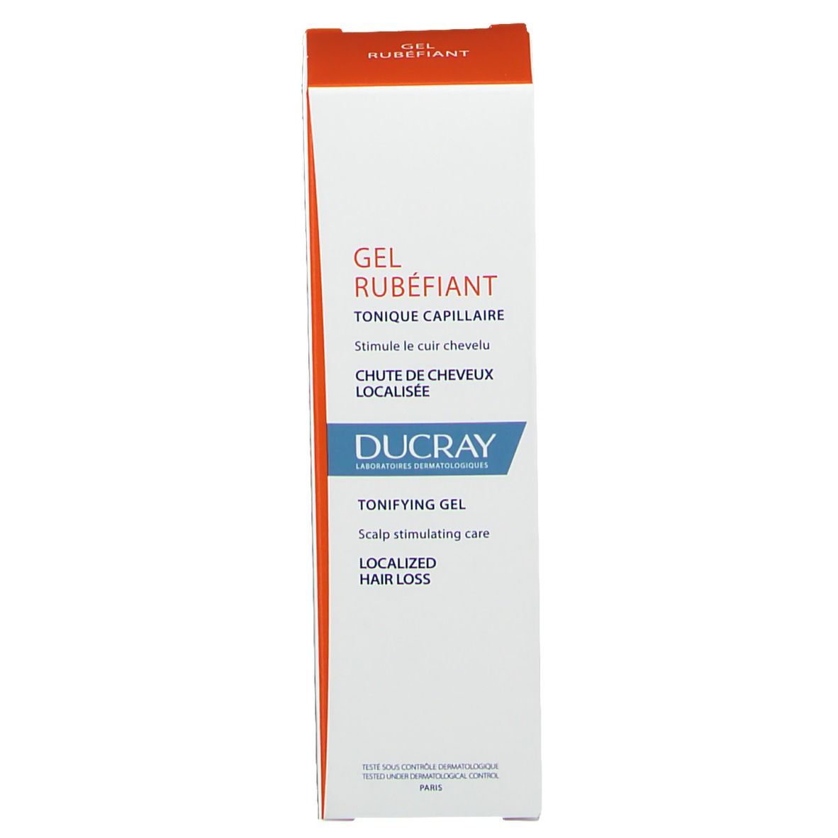 Emballage carton. Texte: Gel Rubéfiant, Tonique Capillaire, Ducray, Toning Gel, Chute de cheveux localisée.