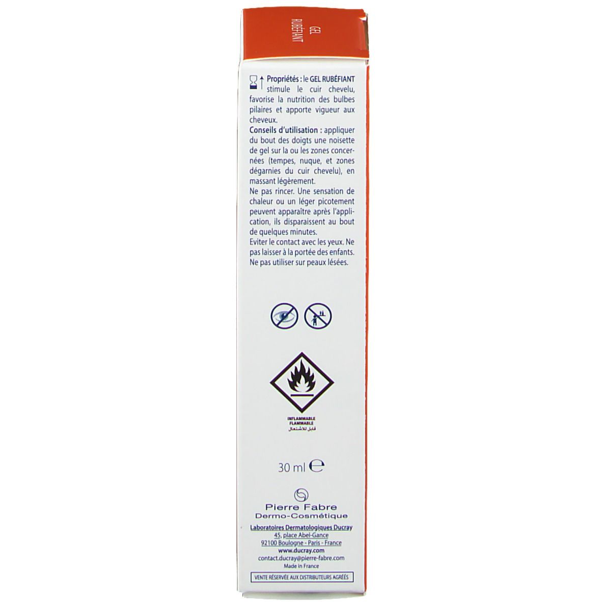 Dos de l'emballage. Texte: Propriétés, mode d'emploi, 30 ml, symbole de danger, logo Ducray.