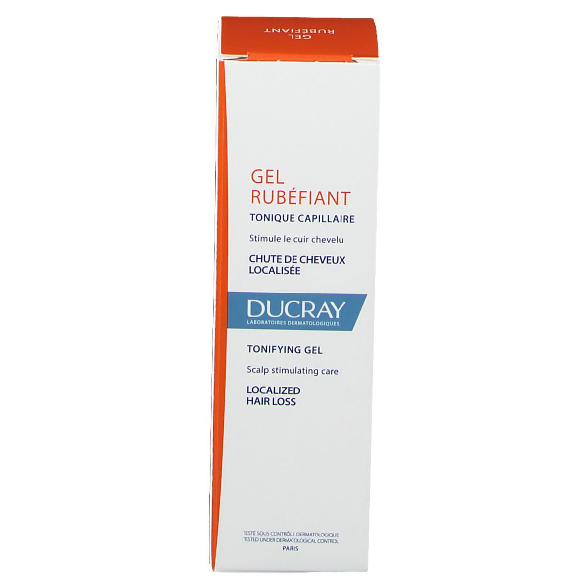 Emballage carton. Texte: Gel Rubéfiant, Tonique Capillaire, Ducray, Toning Gel, Chute de cheveux localisée.