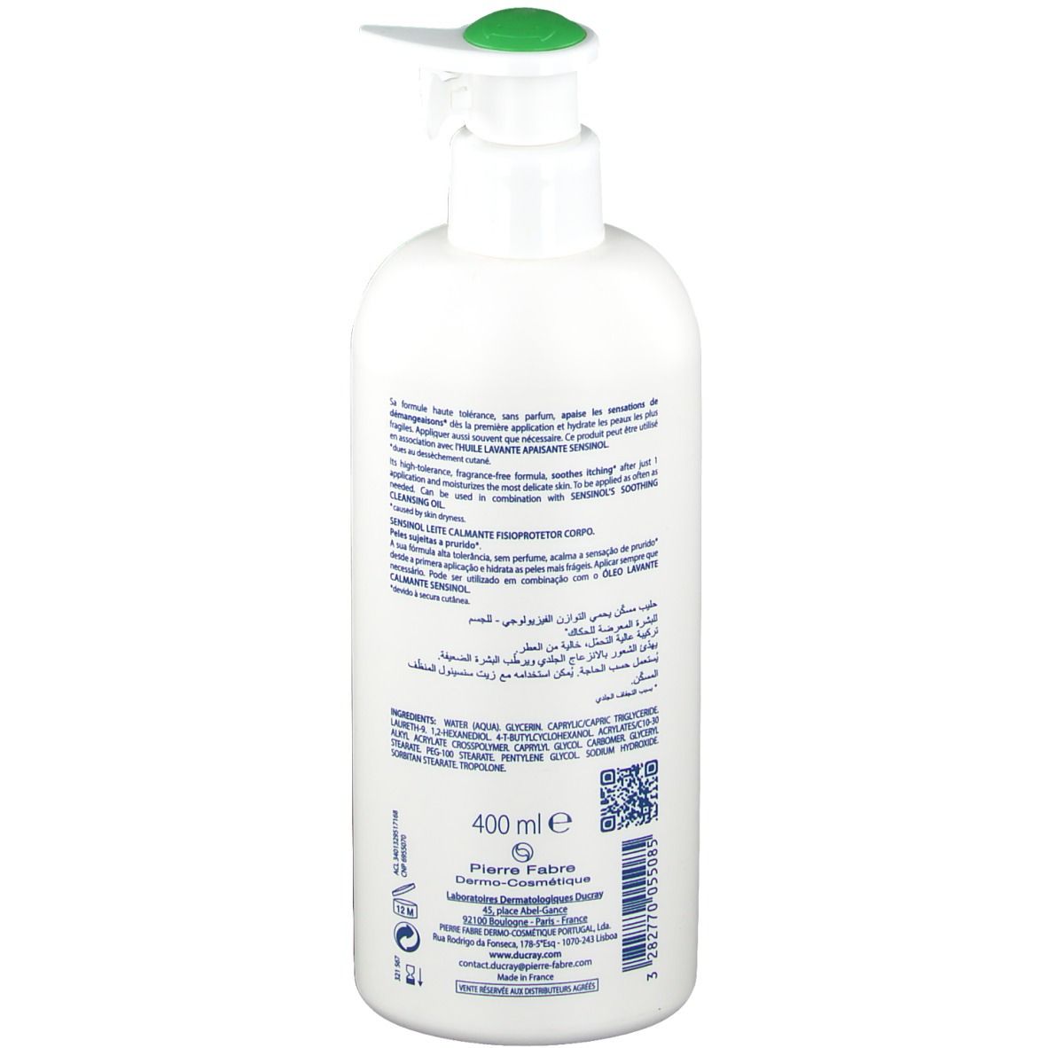 Rückseite der weißen Flasche. Text in mehreren Sprachen. Inhaltsstoffe, Herstellerinformationen. 400 ml.