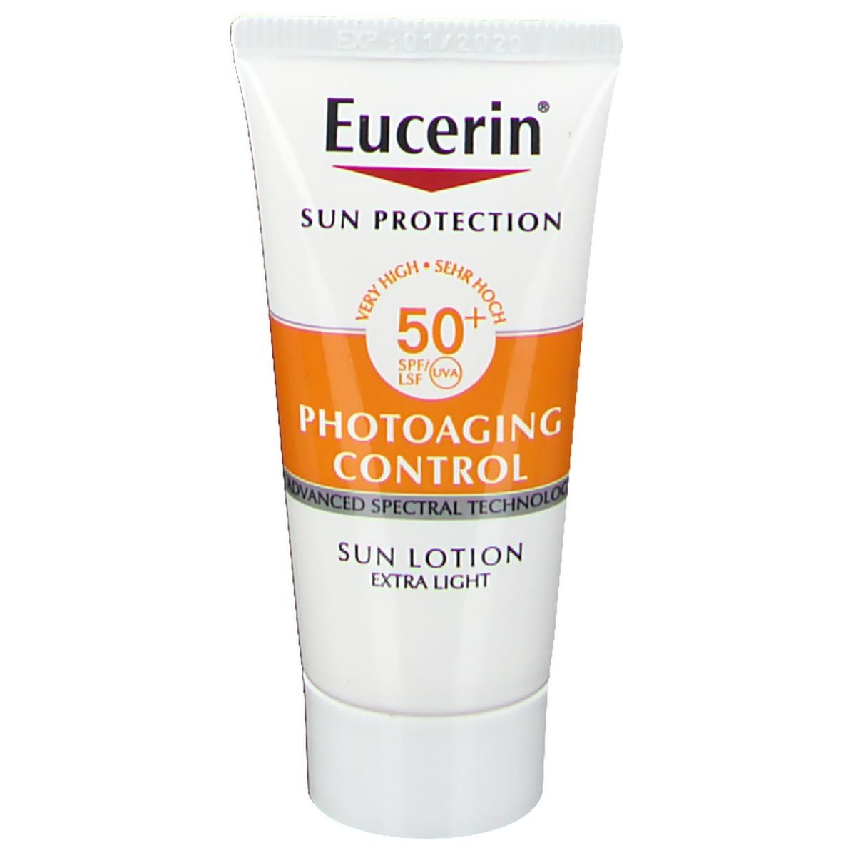 Weiße Tube mit orangefarbenem Band. Eucerin Sun Protection, Lichtschutzfaktor 50+. Photoaging Control.