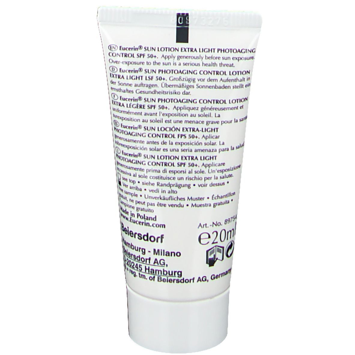Rückseite der Tube. Text in mehreren Sprachen. Eucerin Sun Lotion Extra Light Photoaging Control SPF 50+.