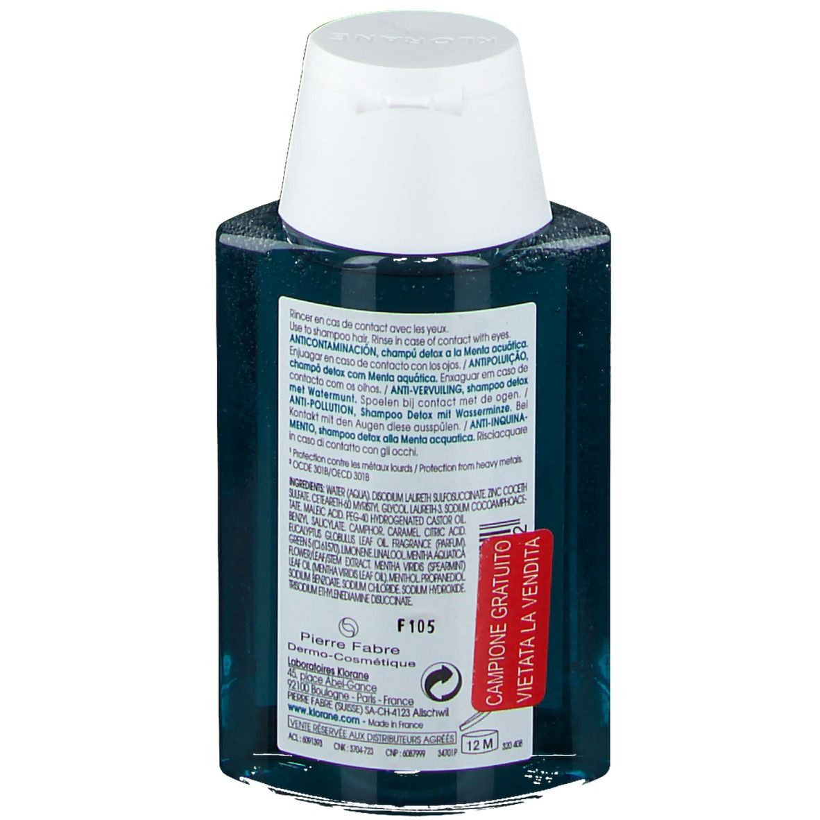 Dos du flacon de shampooing Klorane. Texte multilingue et étiquette rouge.