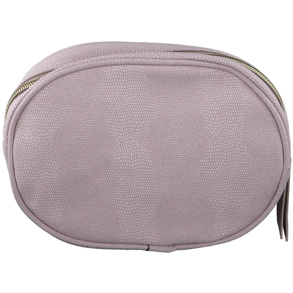 Trousse ovale gris clair, motif reptile. Fermeture éclair sur le dessus.