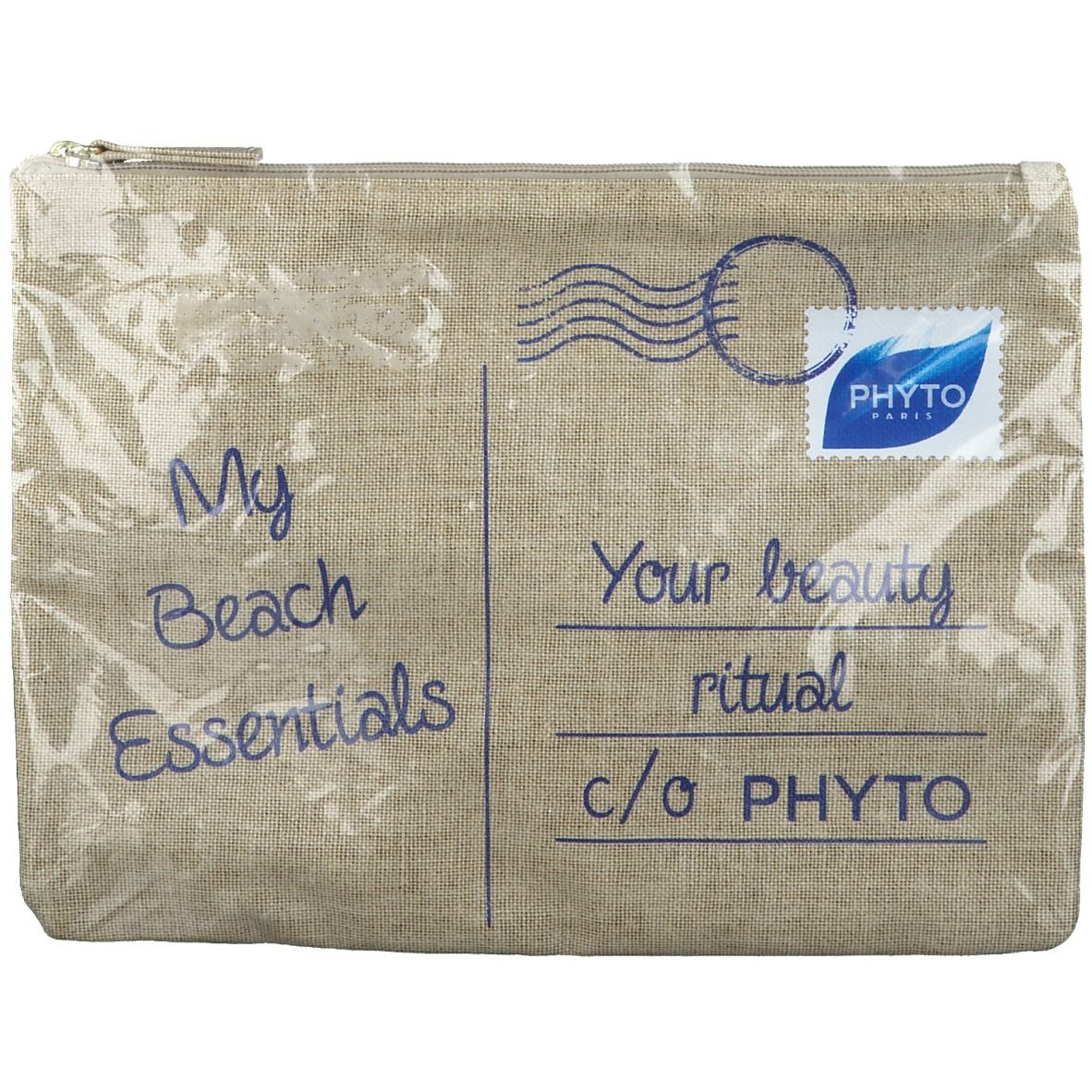 Trousse beige avec fermeture éclair et imprimé. Inscription : My Beach Essentials, Your beauty ritual c/o PHYTO PARIS.