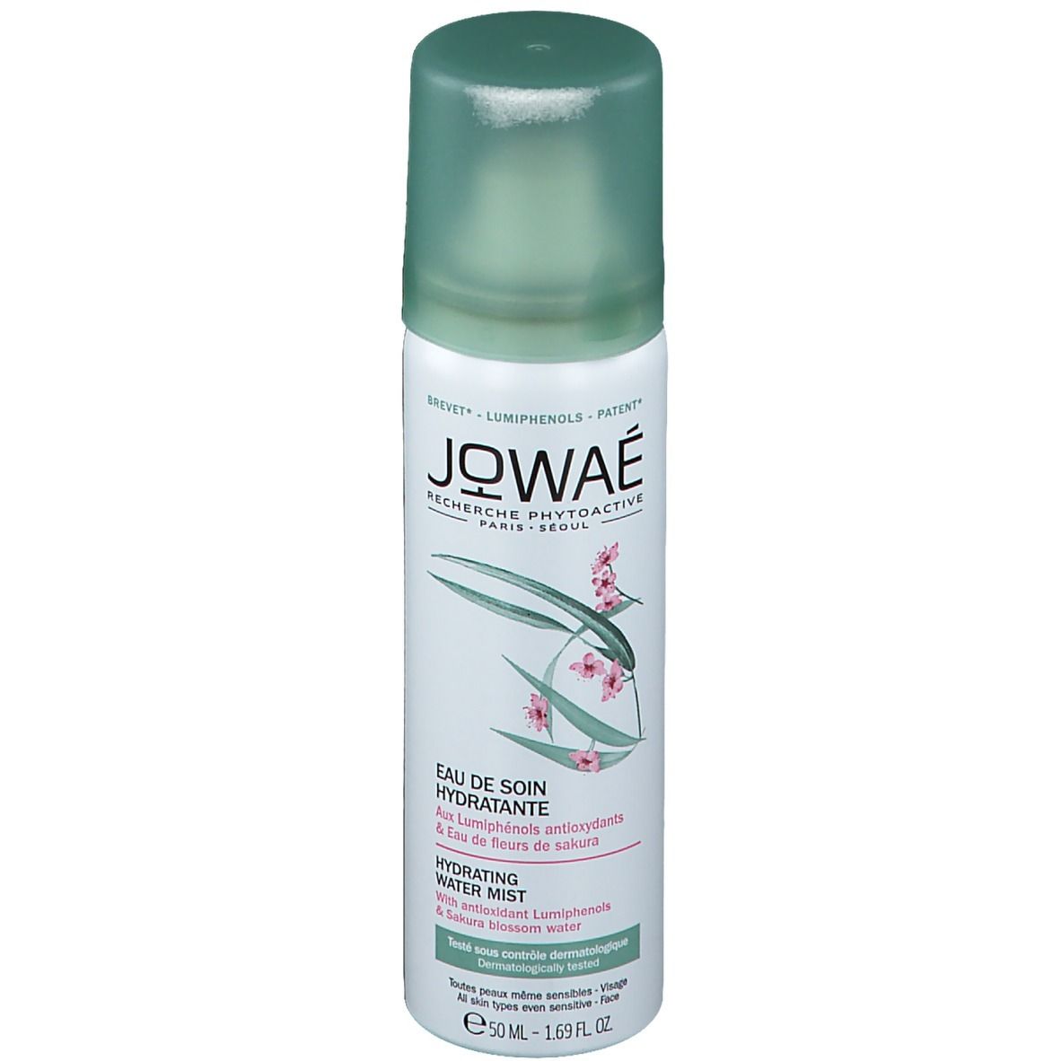 JOWAÉ-Sprayflasche, weiß mit grünem Deckel. Aufschrift: Eau de Soin Hydratante, Hydrating Water Mist.