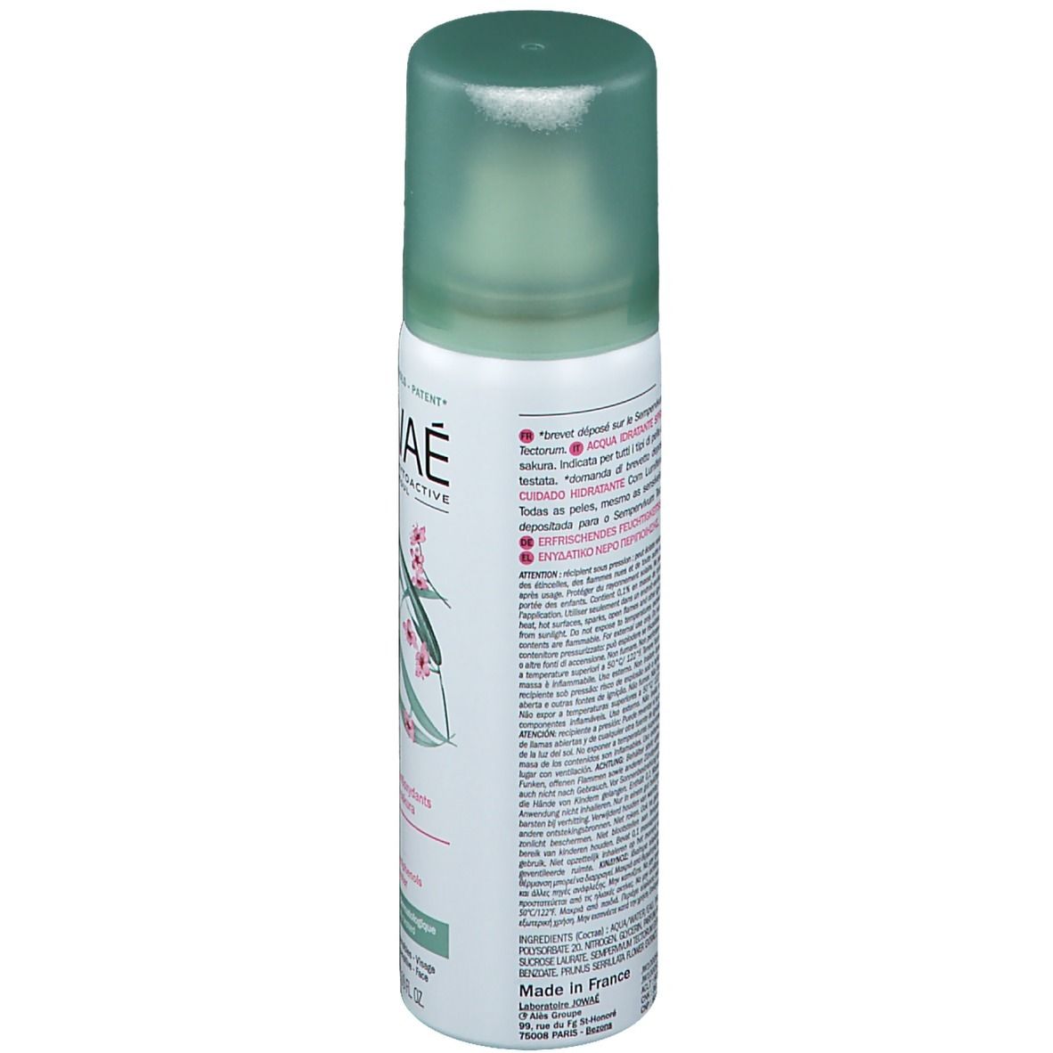 JOWAÉ-Sprayflasche, Rückseite mit Text. Inhaltsstoffe, Anwendungshinweise und Herstellerinformationen.