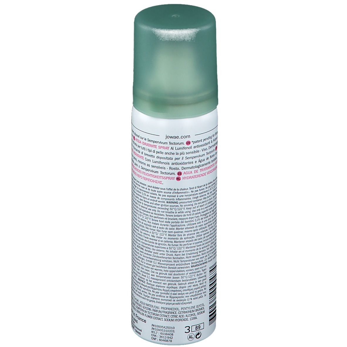 JOWAÉ-Sprayflasche, Rückseite mit Text. Inhaltsstoffe, Anwendungshinweise und Herstellerinformationen.