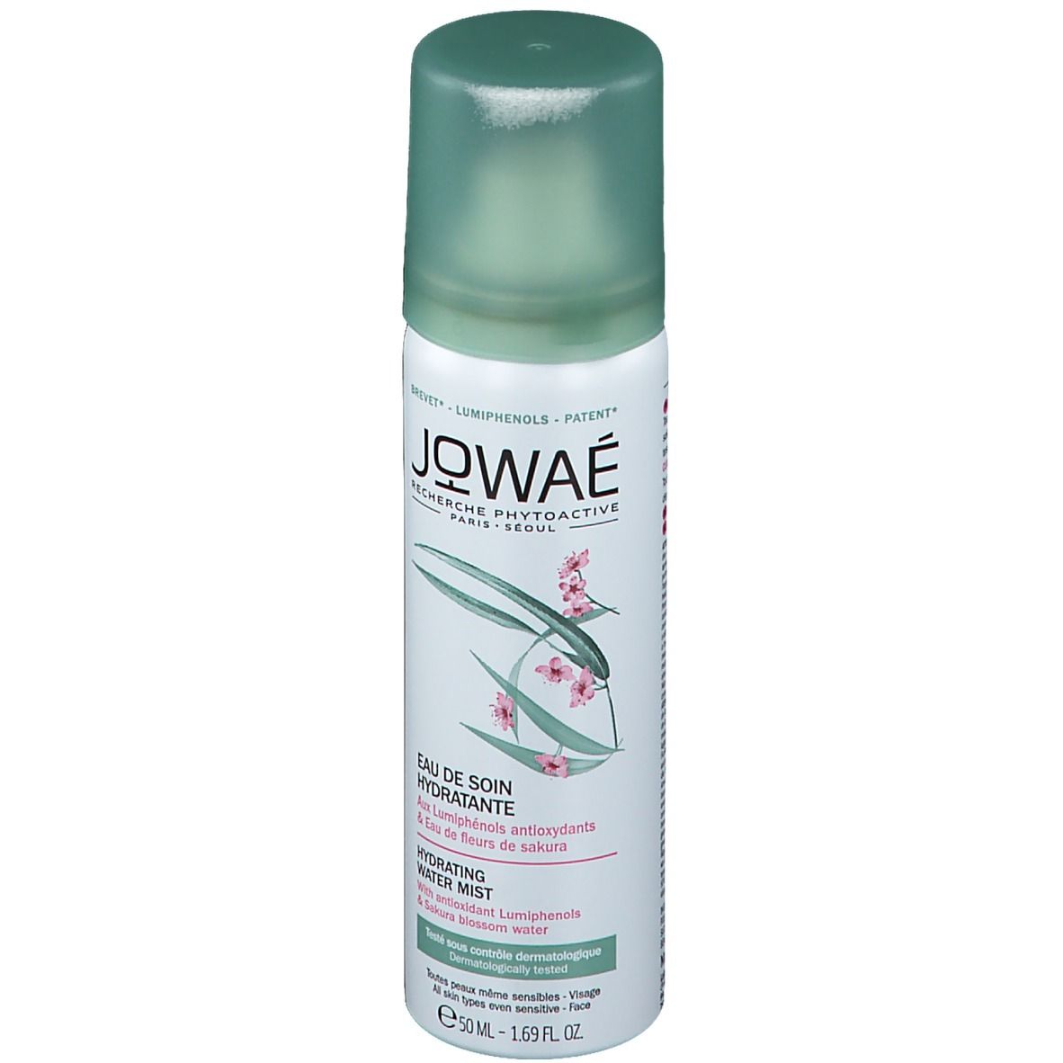JOWAÉ-Sprayflasche, weiß mit grünem Deckel. Aufschrift: Eau de Soin Hydratante, Hydrating Water Mist.