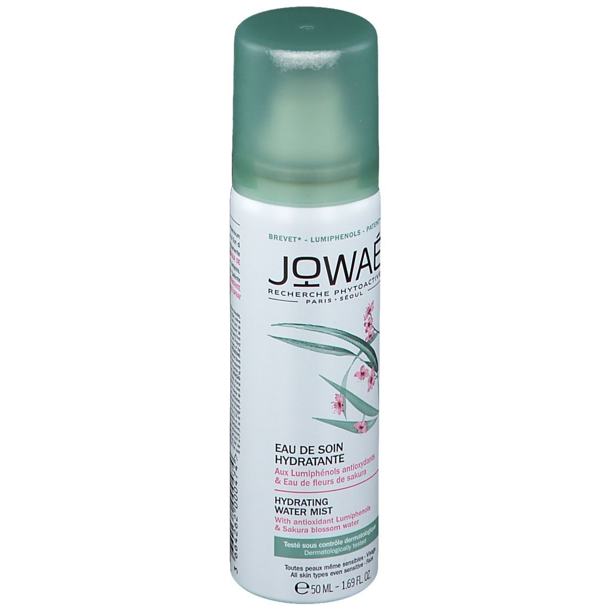 JOWAÉ-Sprayflasche, weiß mit grünem Deckel. Aufschrift: Eau de Soin Hydratante, Hydrating Water Mist.