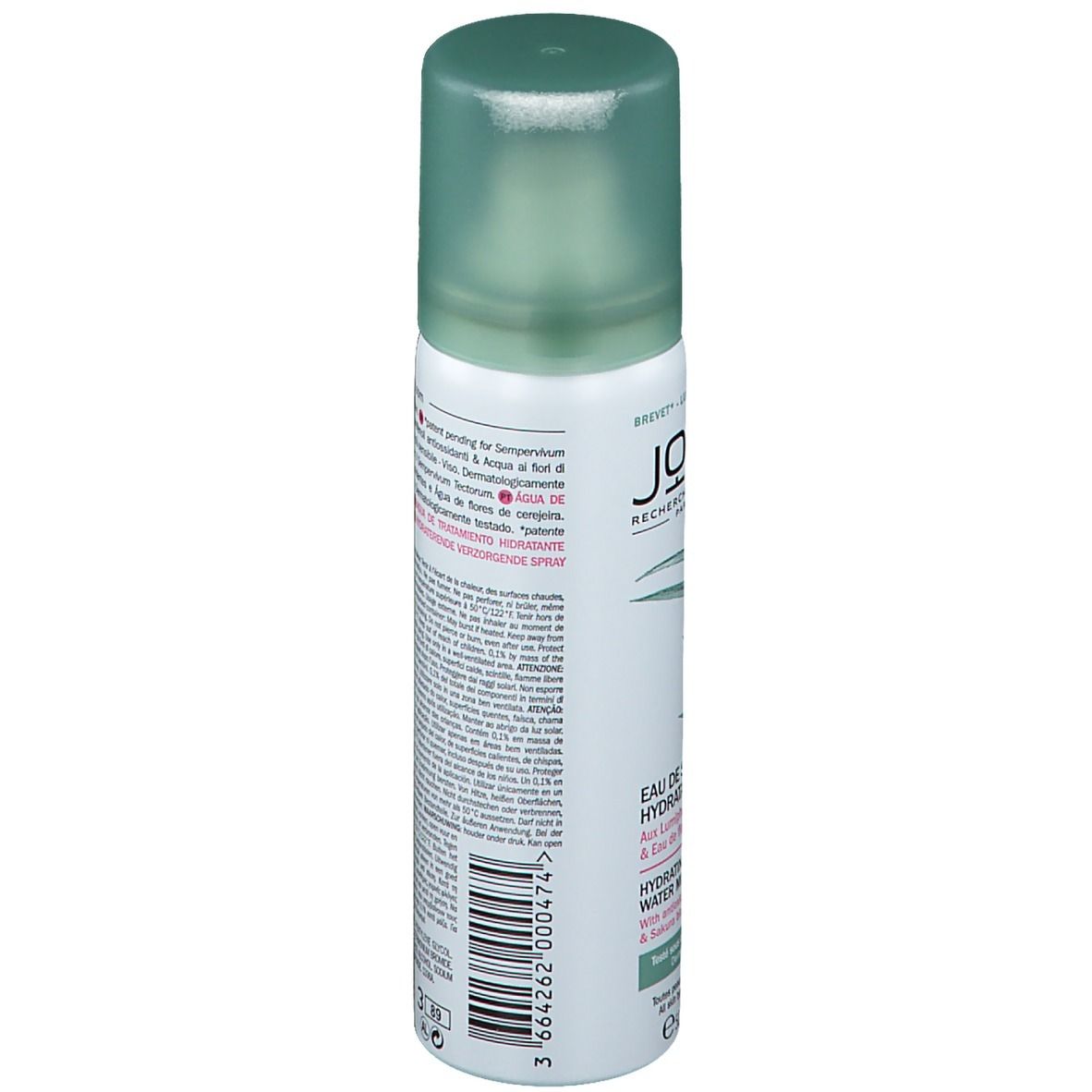 JOWAÉ-Sprayflasche, Rückseite mit Text. Inhaltsstoffe, Anwendungshinweise und Herstellerinformationen.