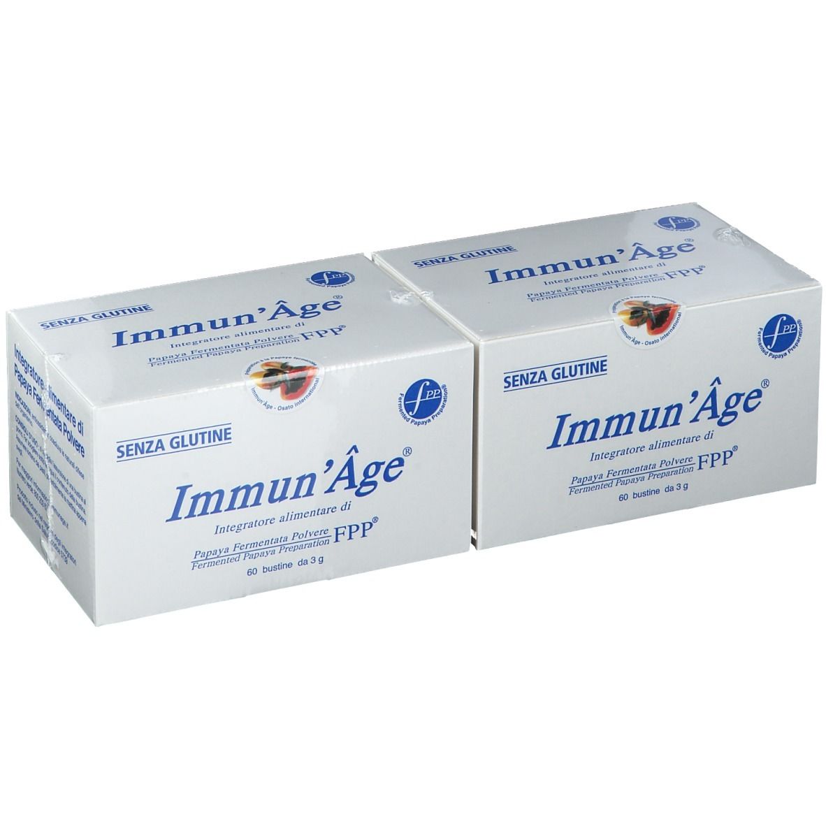Zwei weiße Kartons mit dem Produktnamen Immun'Âge. Aufschrift: 'Senza Glutine'.