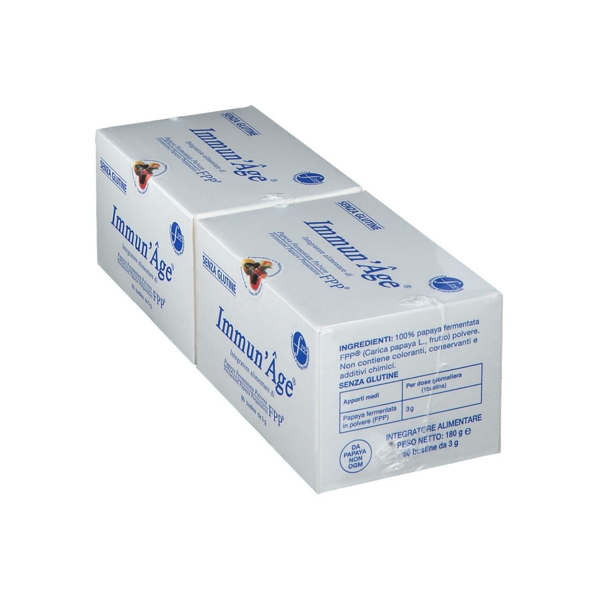 Zwei weiße Kartons mit Immun'Âge. Aufschrift 'Senza Glutine'. Zutatenliste und Nährwertangaben.