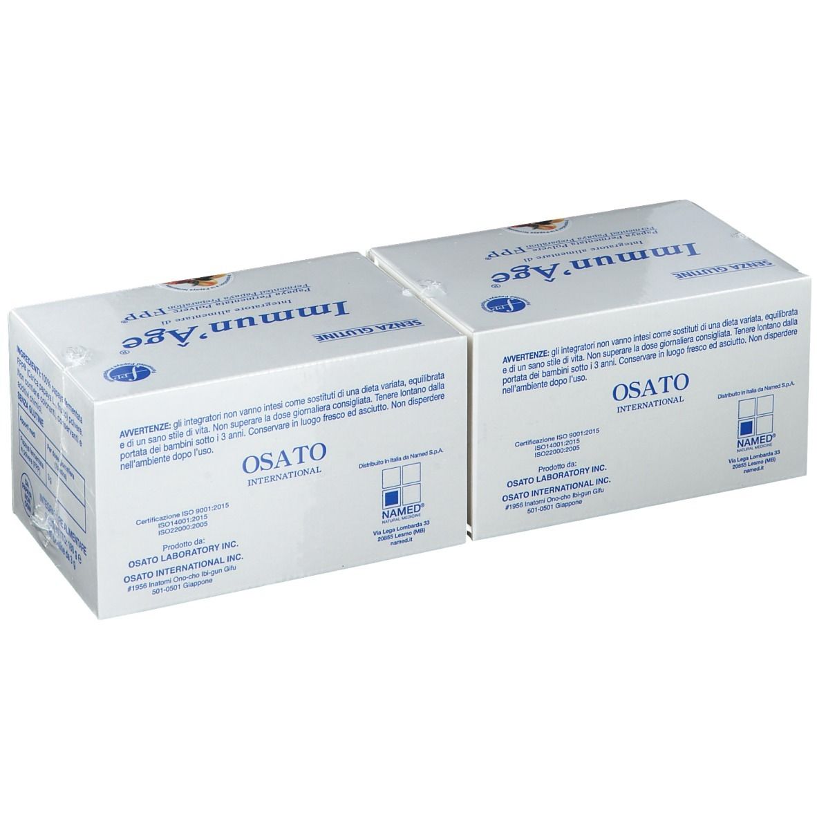 Zwei weiße Kartons mit Immun'Âge. Aufschrift 'Senza Glutine'. OSATO LABORATORY INTERNATIONAL.