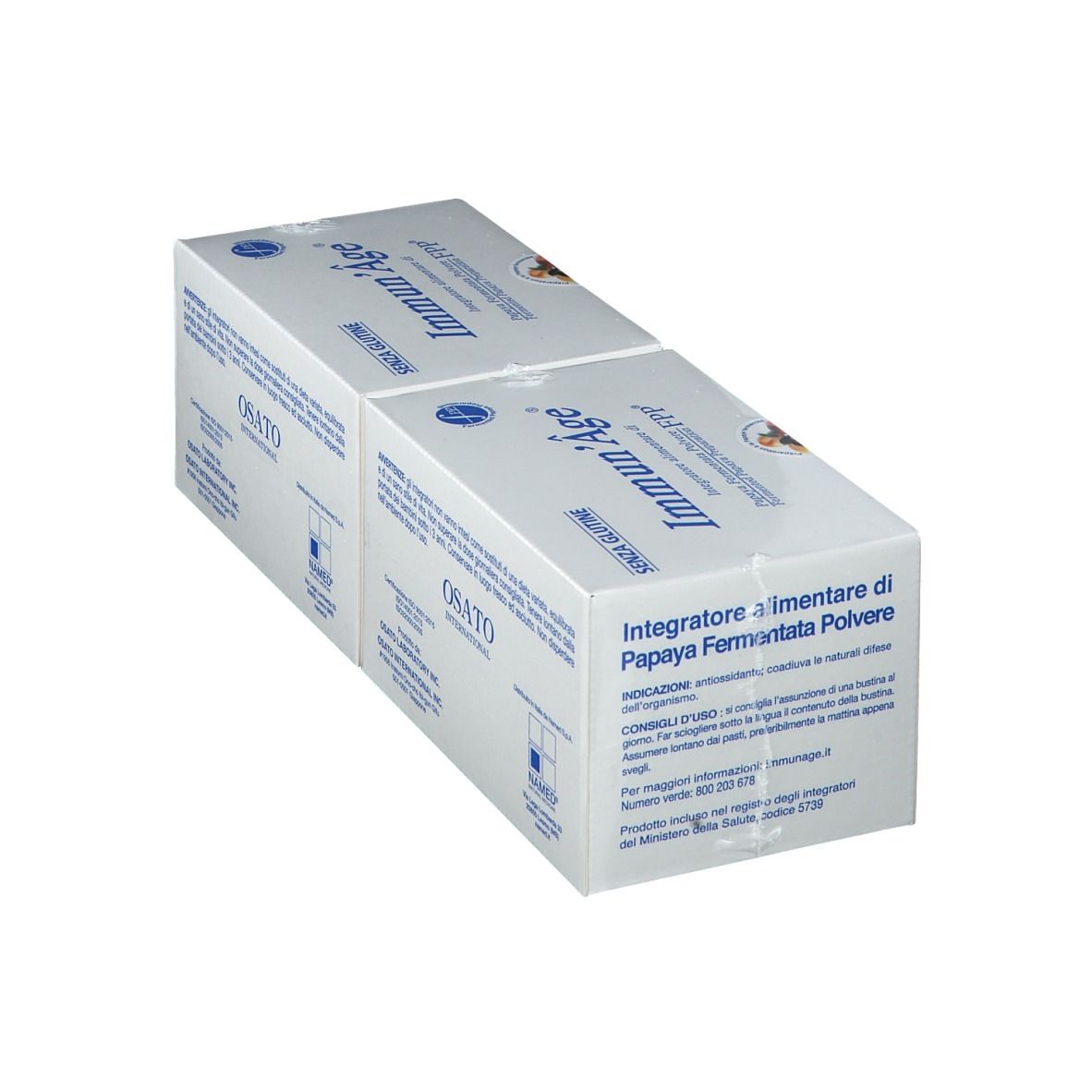 Zwei weiße Kartons mit Immun'Âge. Aufschrift 'Senza Glutine'. OSATO LABORATORY.