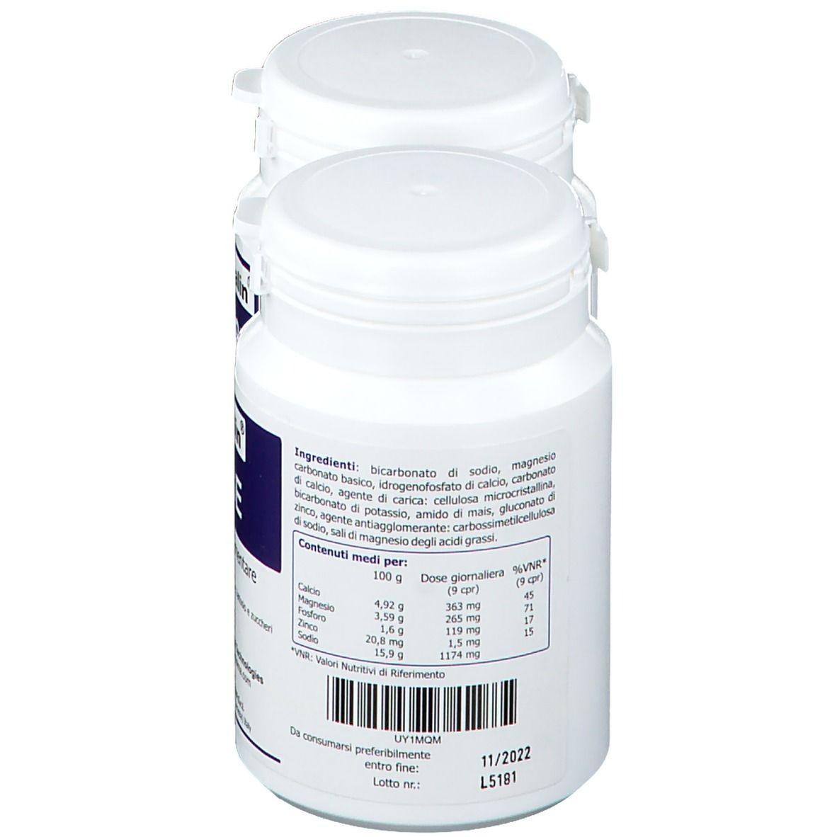 Deux flacons blancs, partiellement cachés. Inscription : liste des ingrédients, informations nutritionnelles. Date de péremption : 11/2022.