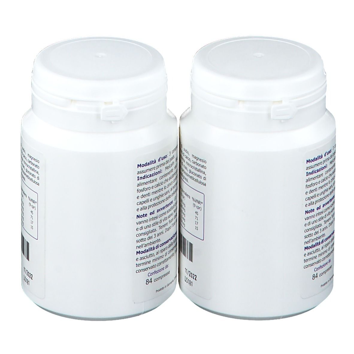 Deux flacons blancs. Inscription : mode d'emploi, ingrédients. Date de péremption : 11/2022. 84 comprimés.