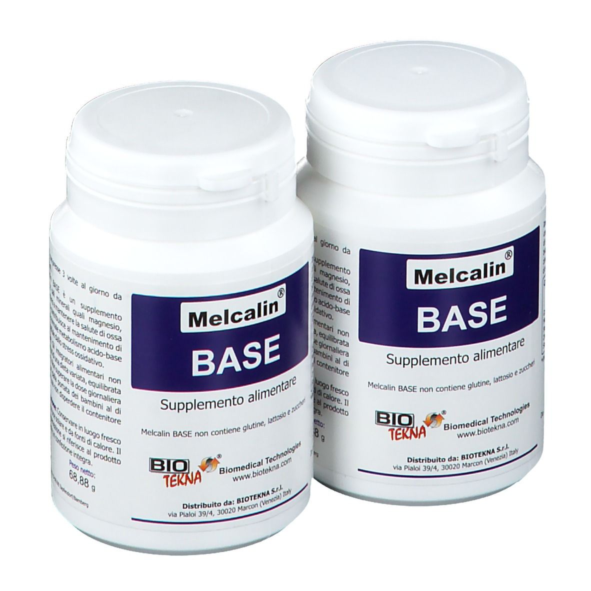 Deux flacons blancs avec étiquettes bleues. Inscription : Melcalin BASE. Supplément alimentaire. Marque : Bio Tekna.