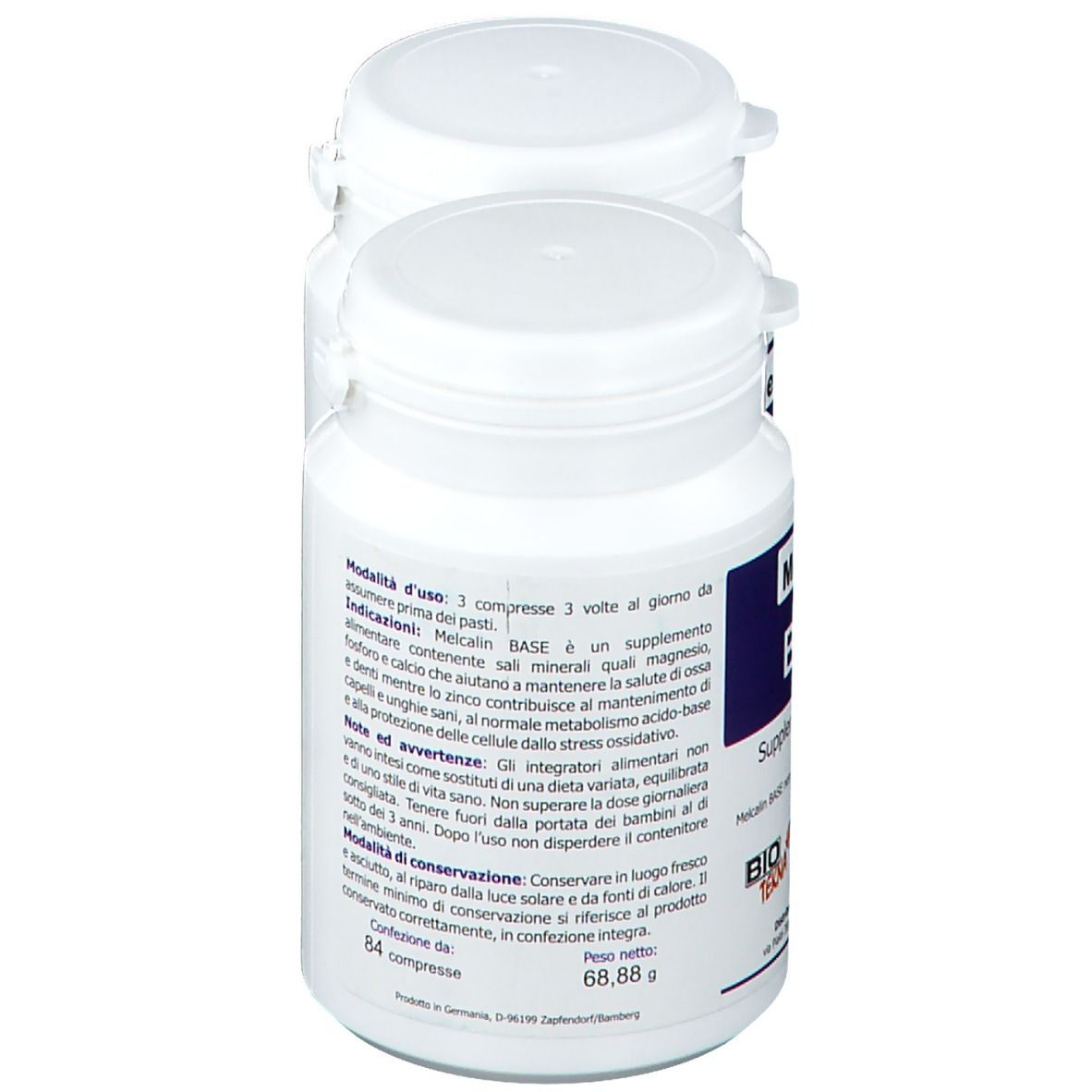 Deux flacons blancs. Inscription : mode d'emploi, ingrédients. 84 comprimés. Poids : 68,88 g.