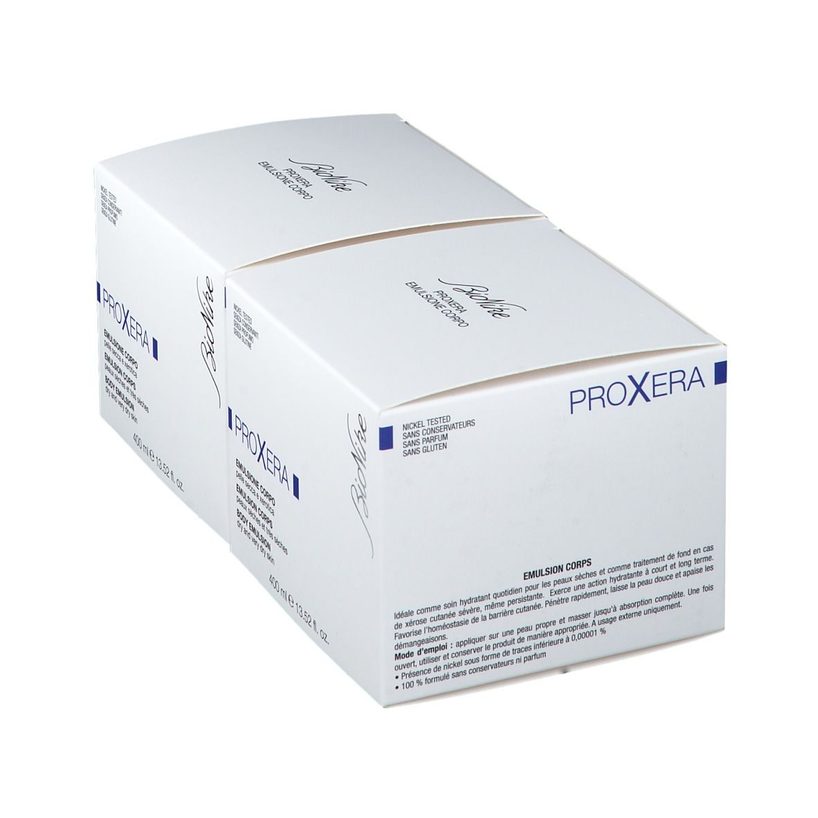 Zwei weiße Kartons. Aufschrift PROXERA, BIONIKE und Produktinformationen. Duo Pack.