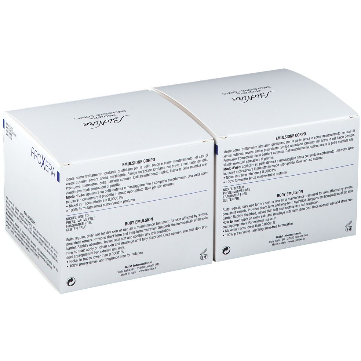 Zwei weiße Kartons. Aufschrift PROXERA, BIONIKE und Produktinformationen. Duo Pack.