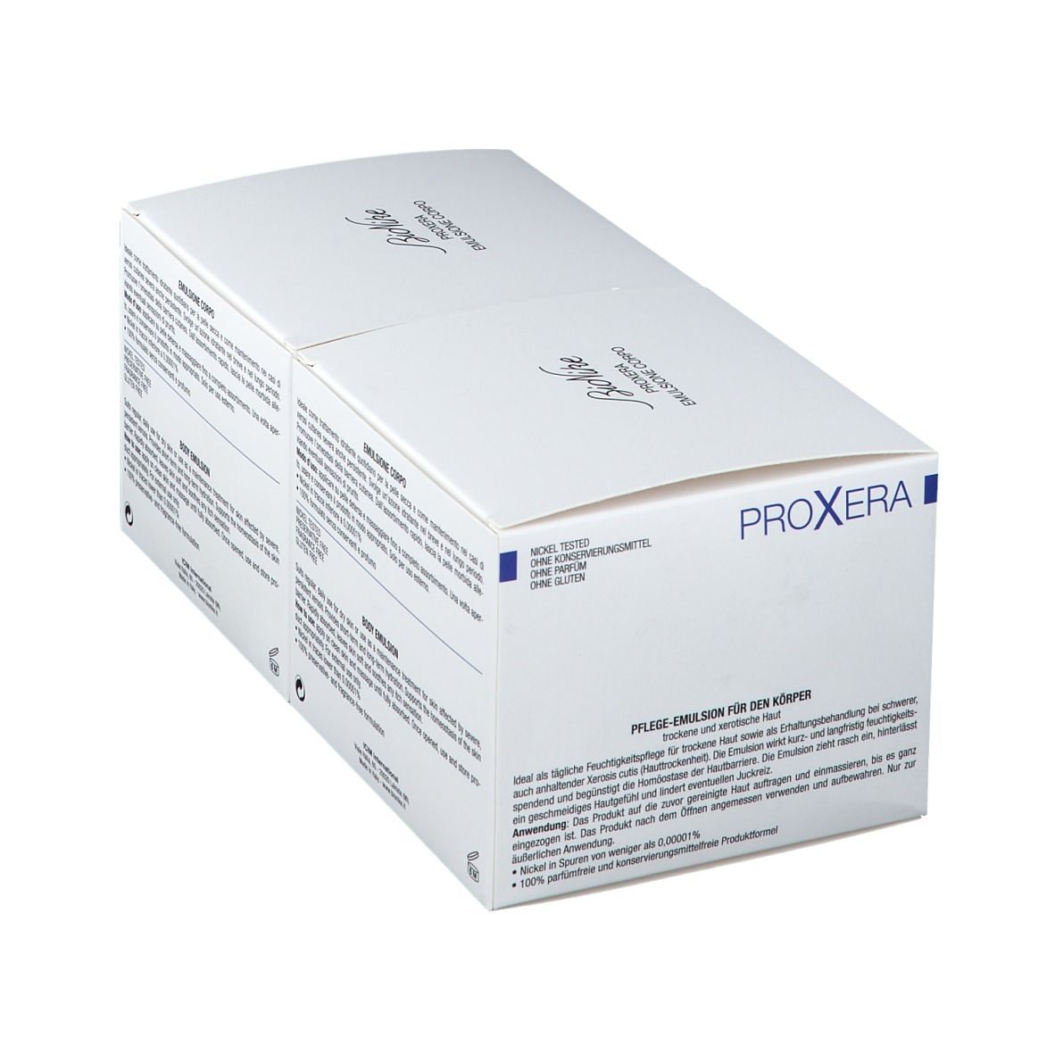 Zwei weiße Kartons. Aufschrift PROXERA, BIONIKE und Produktinformationen. Duo Pack.