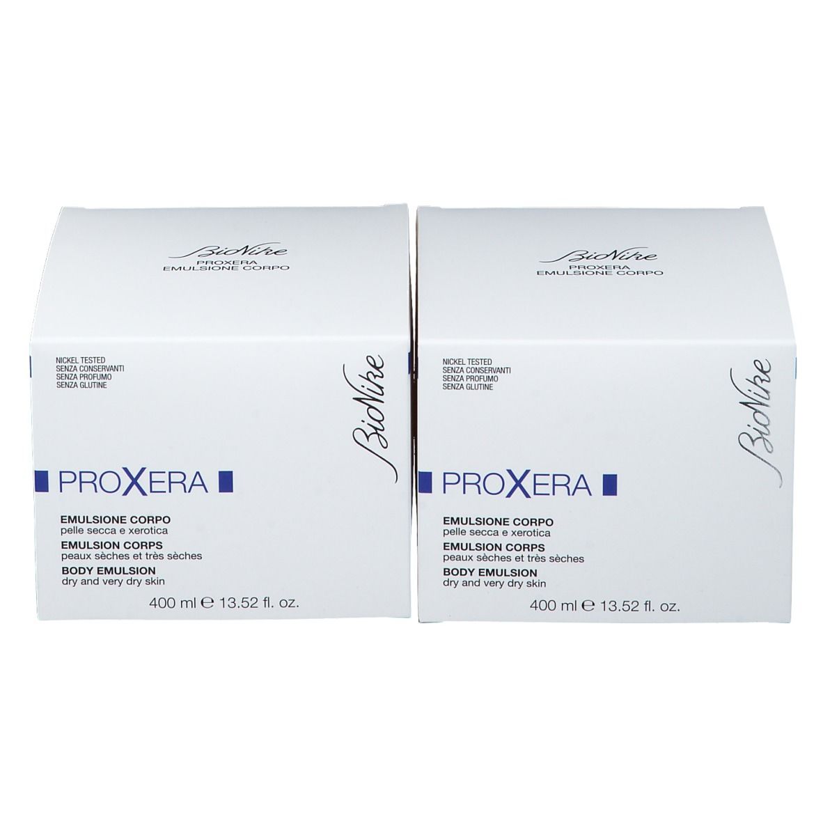 Zwei weiße Kartons. Aufschrift PROXERA, BIONIKE und Produktinformationen. 400 ml. Duo Pack.
