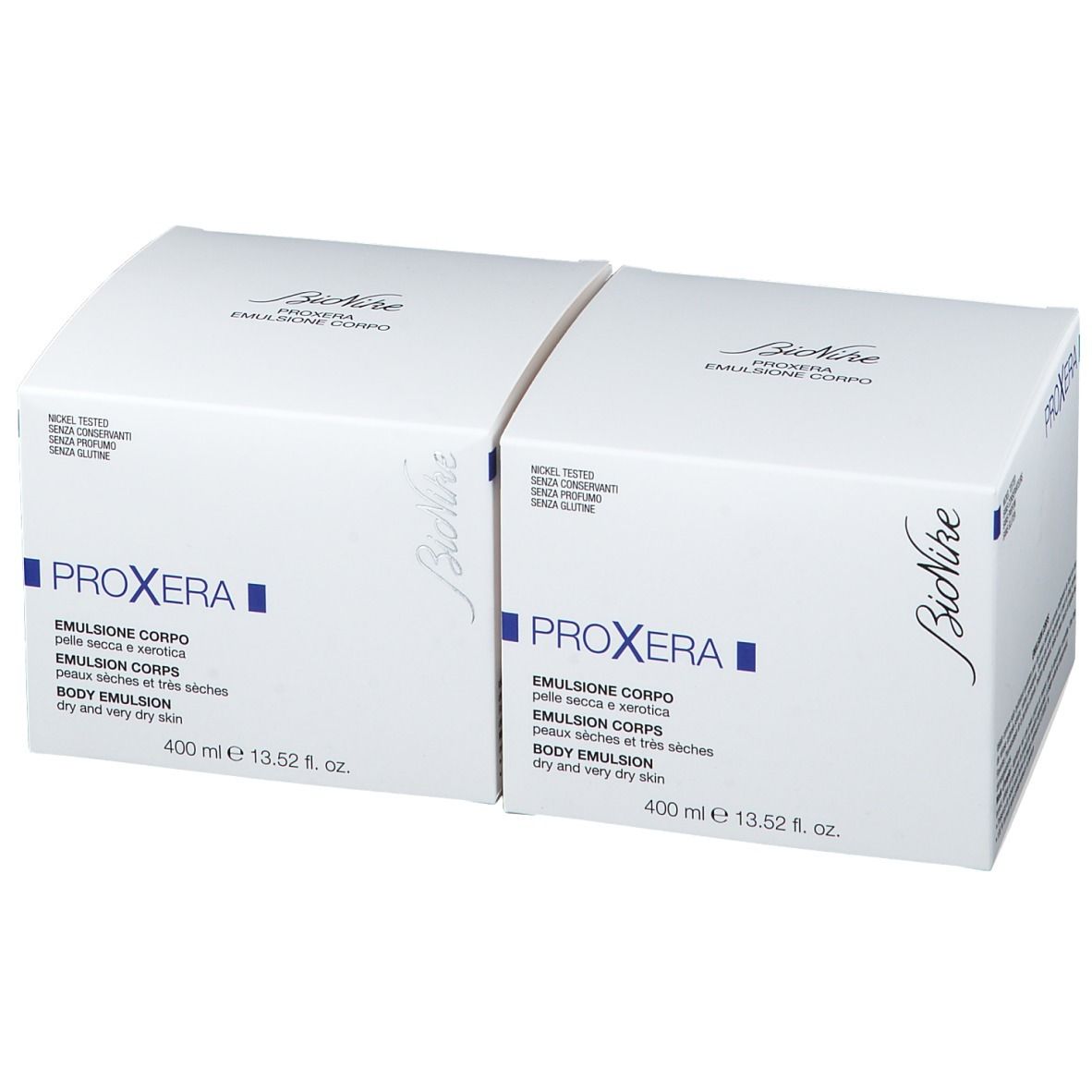 Zwei weiße Kartons. Aufschrift PROXERA, BIONIKE und Produktinformationen. Duo Pack.