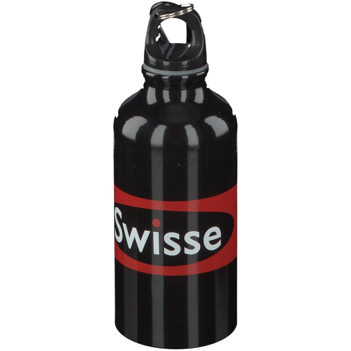 Gourde noire avec bande rouge et inscription blanche "Swisse". Avec mousqueton.