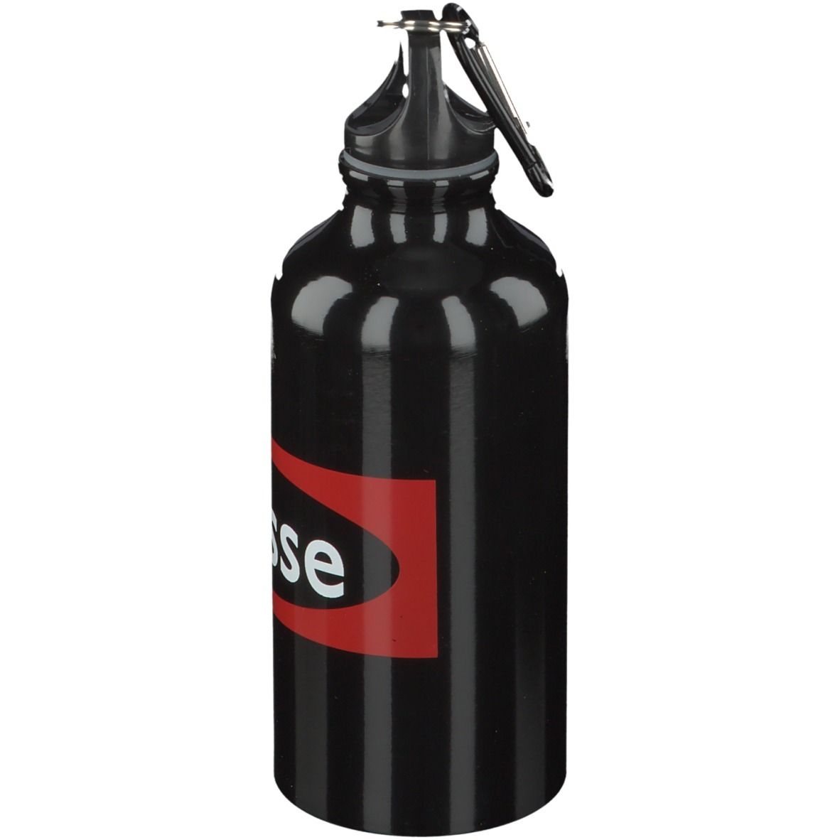 Schwarze Trinkflasche mit rotem Streifen und weißem "Swisse"-Schriftzug. Mit Karabinerhaken.
