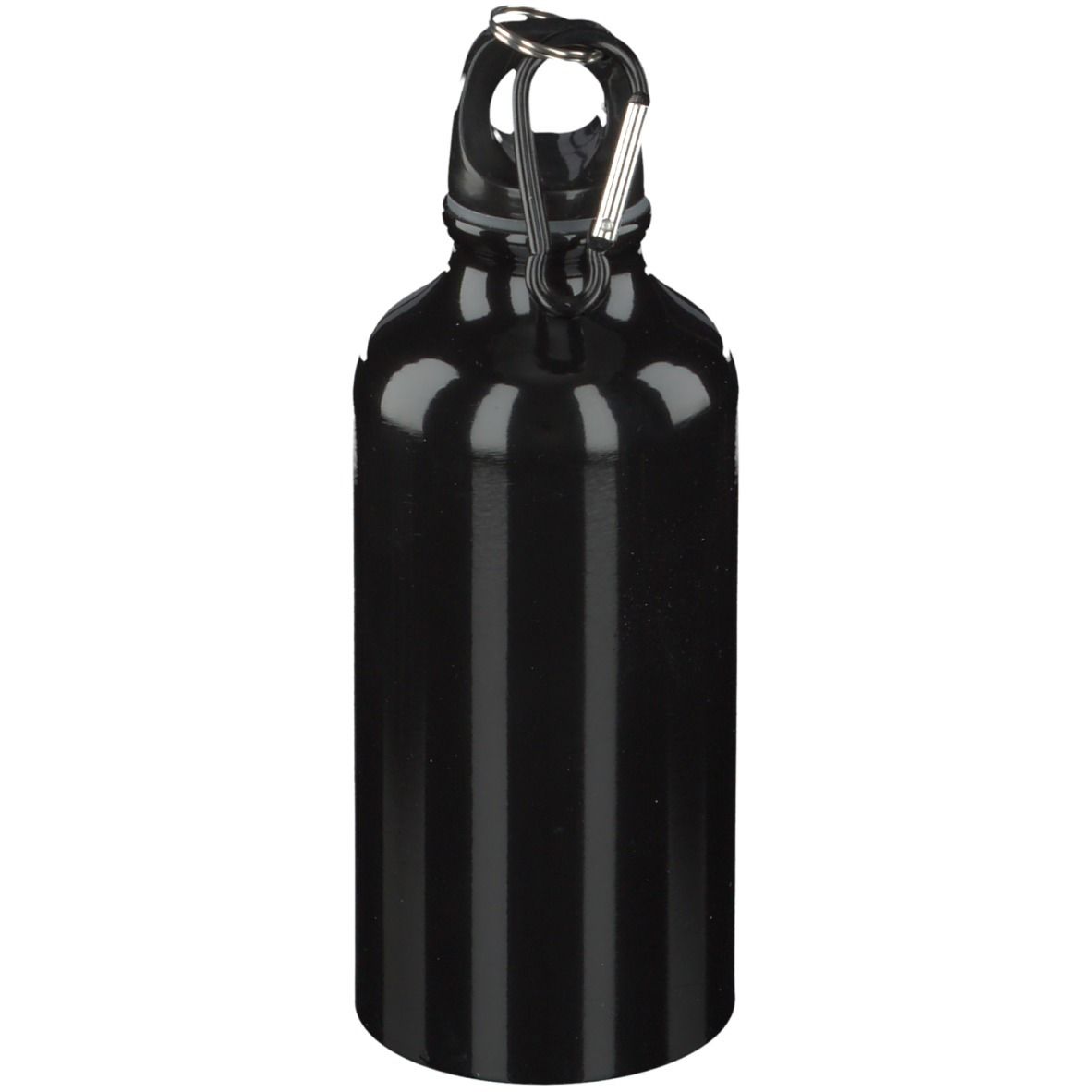 Schwarze Trinkflasche mit Karabinerhaken. Ohne sichtbare Beschriftung.