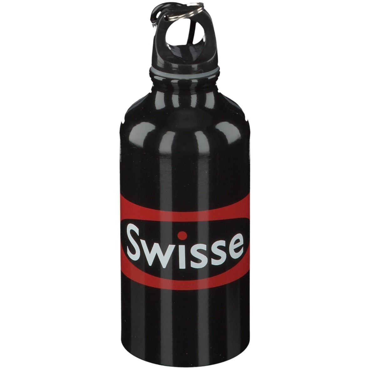 Schwarze Trinkflasche mit rotem Streifen und weißem "Swisse"-Schriftzug. Mit Karabinerhaken.