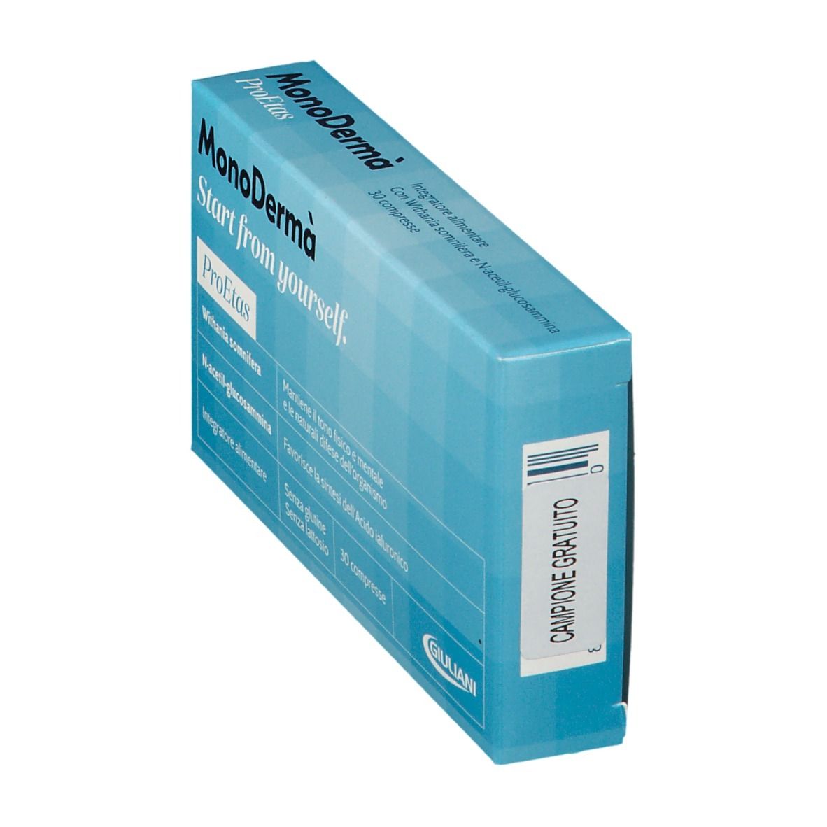 Blaue Schachtel, Produktname und Barcode. 'Campione Gratuito' Aufkleber.