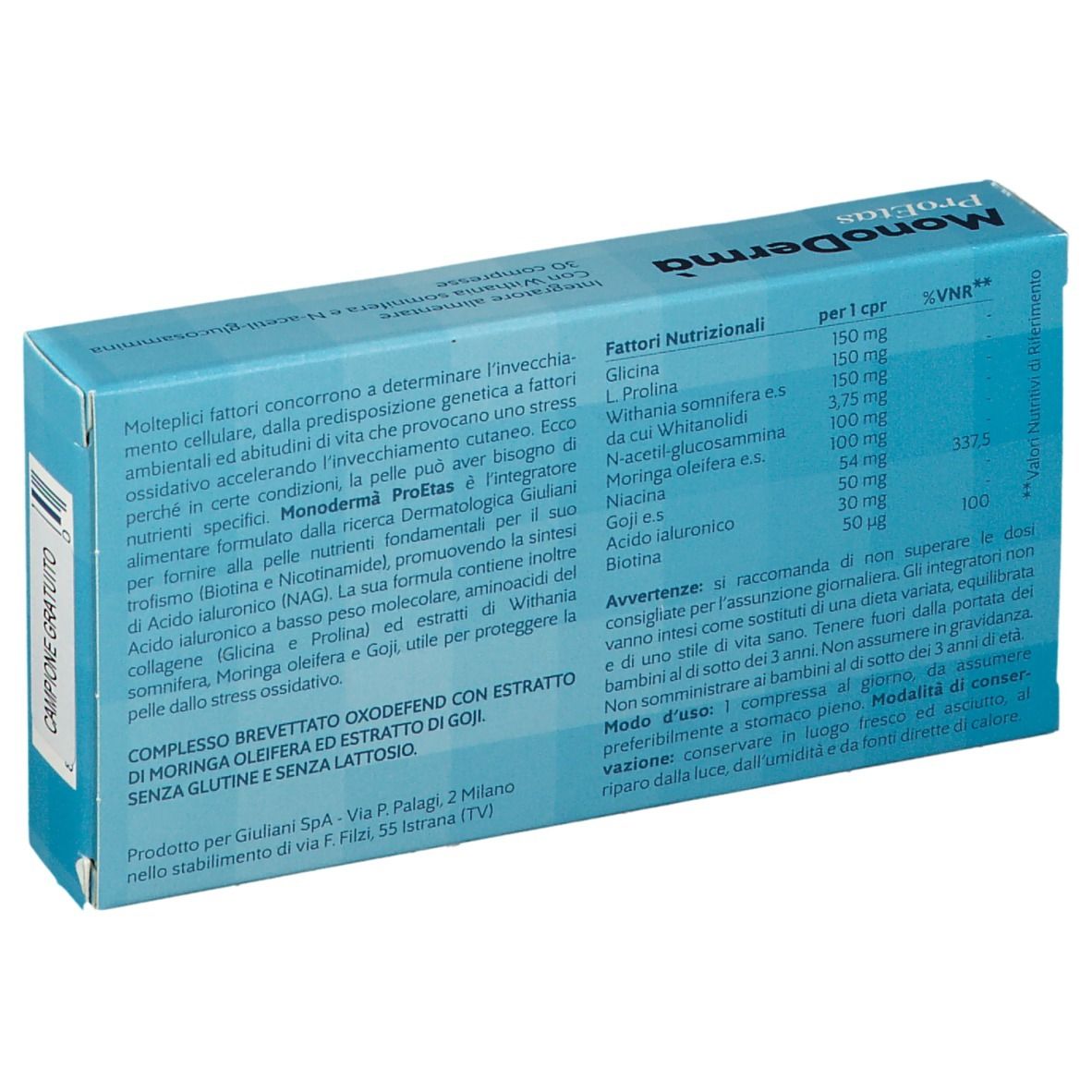 Rückseite der blauen Schachtel mit Produktinformationen und Nährwertangaben.