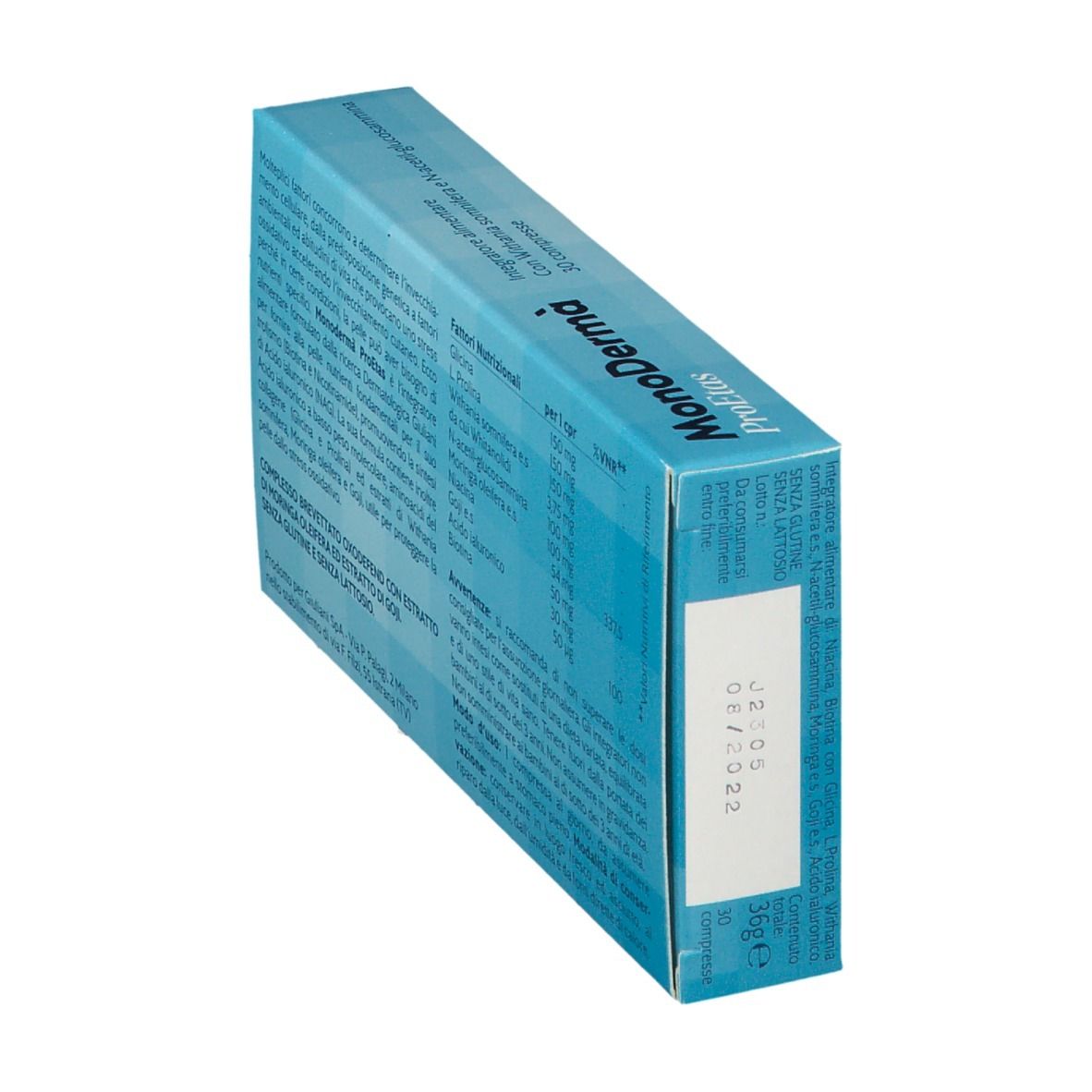 Blaue Schachtel, Produktname und Nährwertangaben. Verfallsdatum.