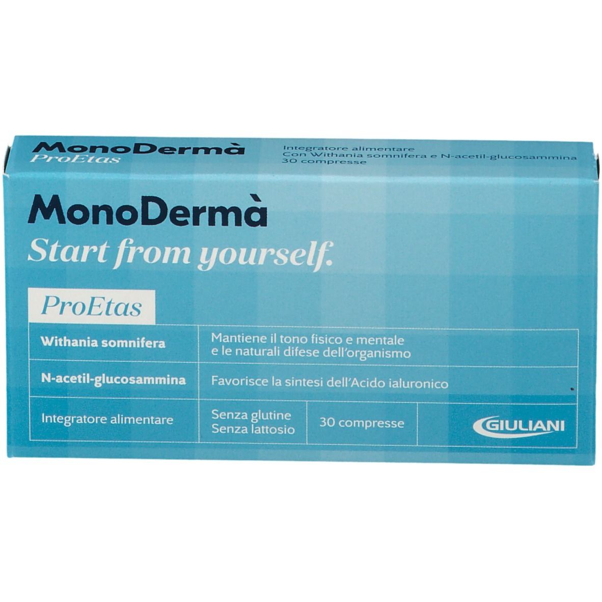 Blaue Schachtel mit Produktnamen und Inhaltsstoffen. 30 Tabletten.