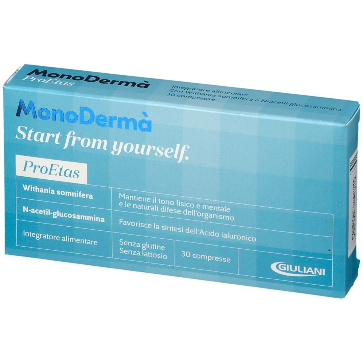 Blaue Schachtel mit Produktnamen und Inhaltsstoffen. 30 Tabletten.