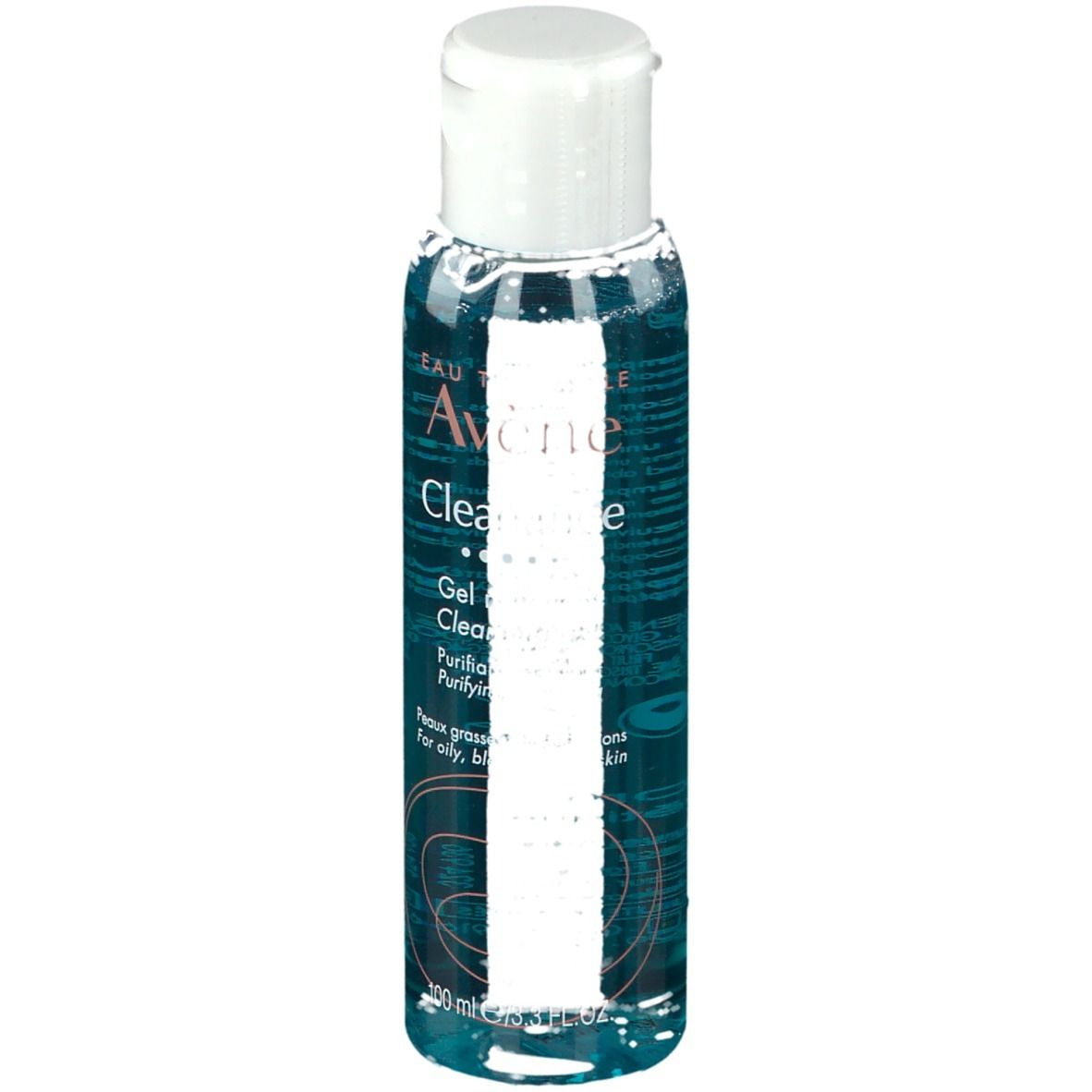 Flacon transparent avec bouchon blanc. Inscription: Avene Cleanance Gel. Pour peaux impures.