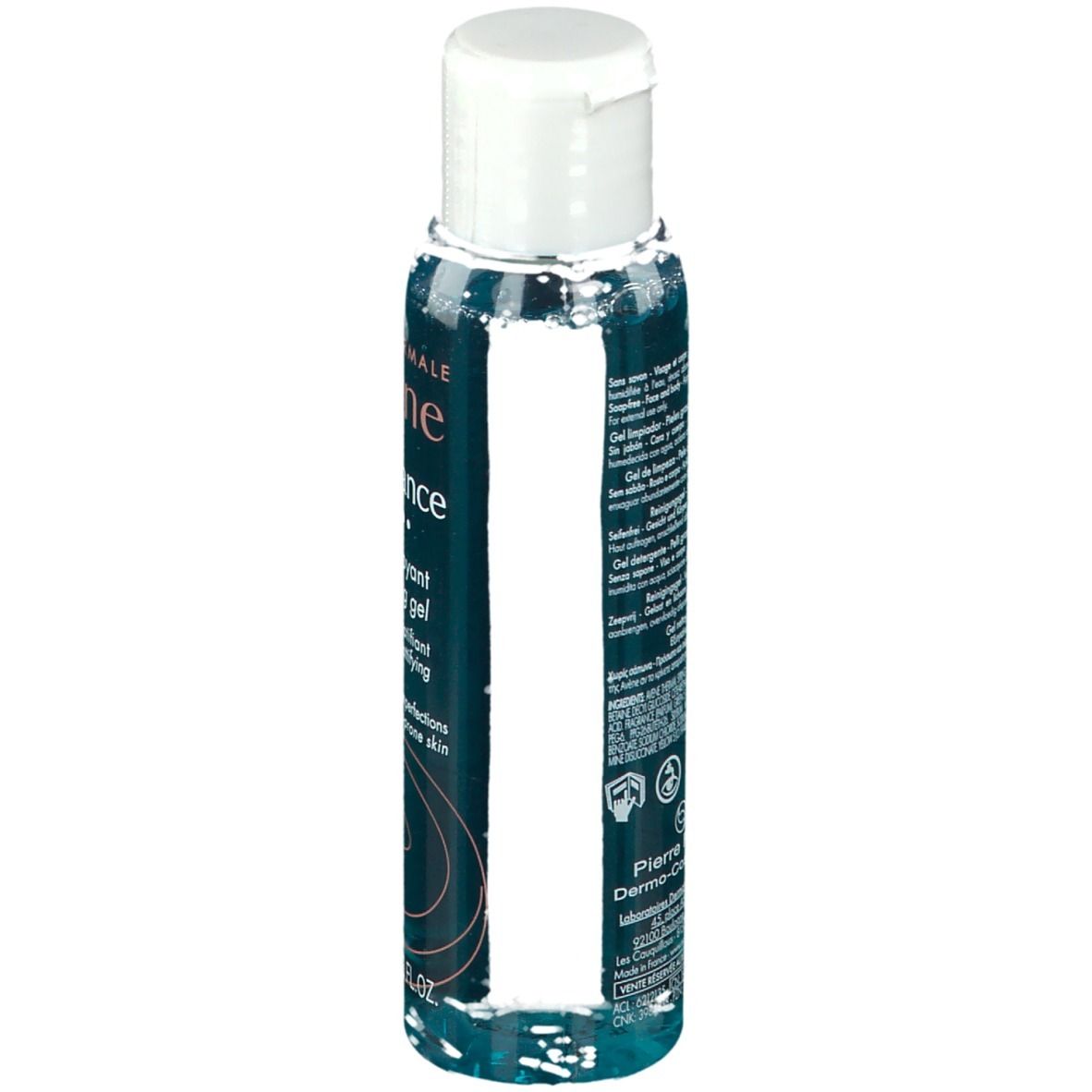 Flacon transparent avec bouchon blanc. Dos avec informations produit et logos.