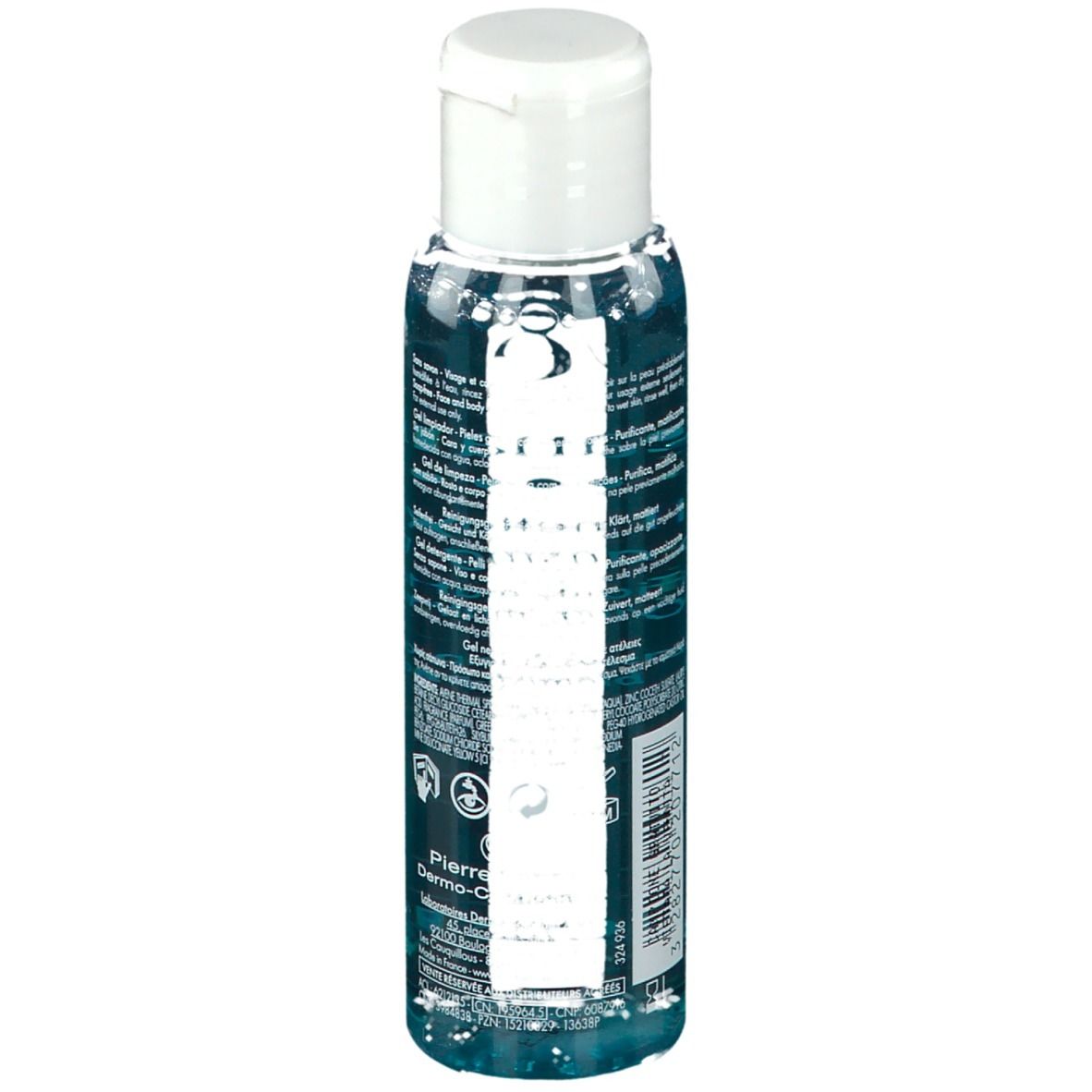 Flacon transparent avec bouchon blanc. Dos avec informations produit et logos.