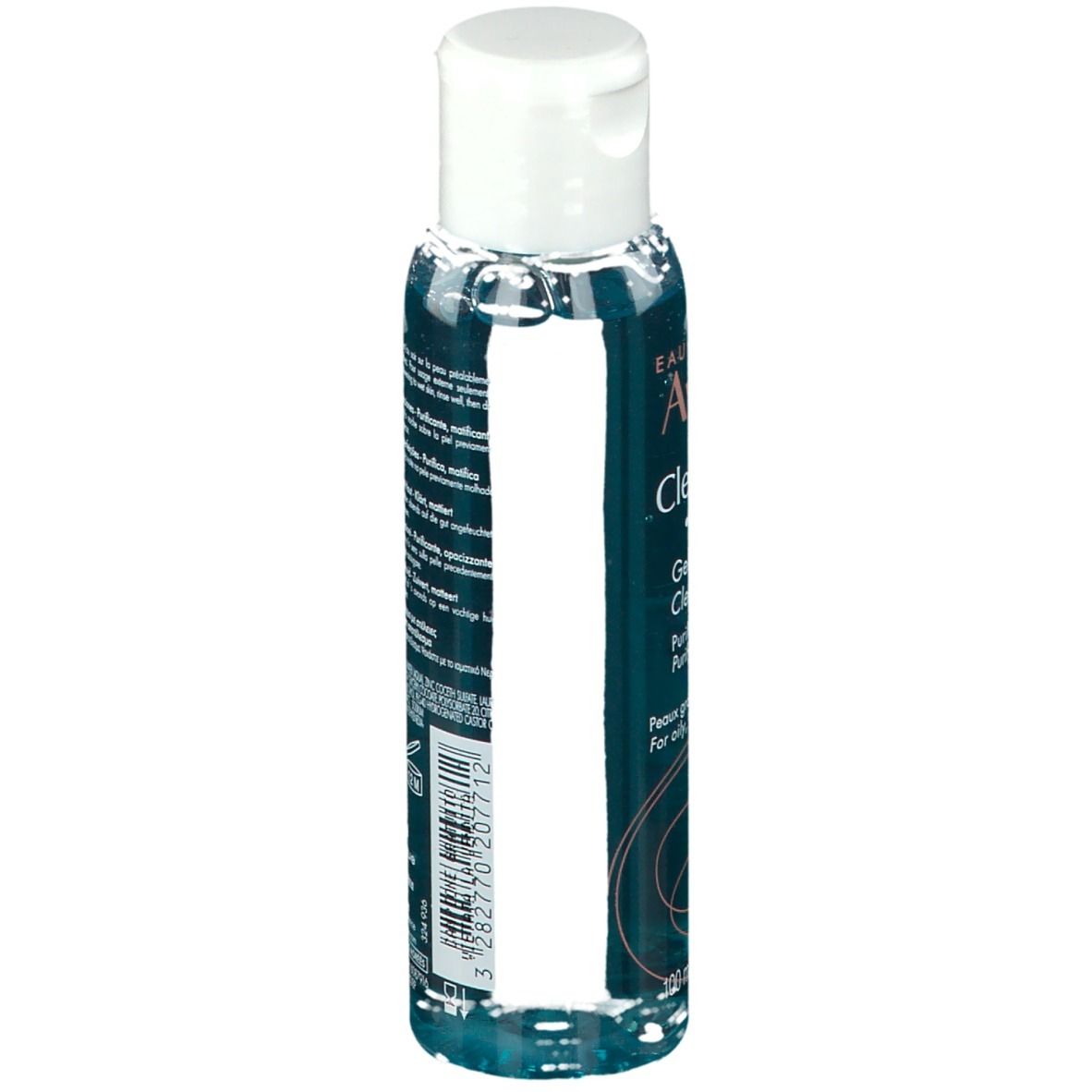Flacon transparent avec bouchon blanc. Dos avec informations produit et logos.