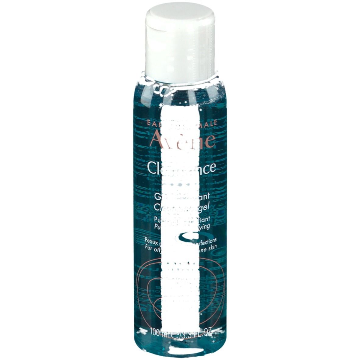 Flacon transparent avec bouchon blanc. Inscription: Avene Cleanance Gel. Pour peaux impures.