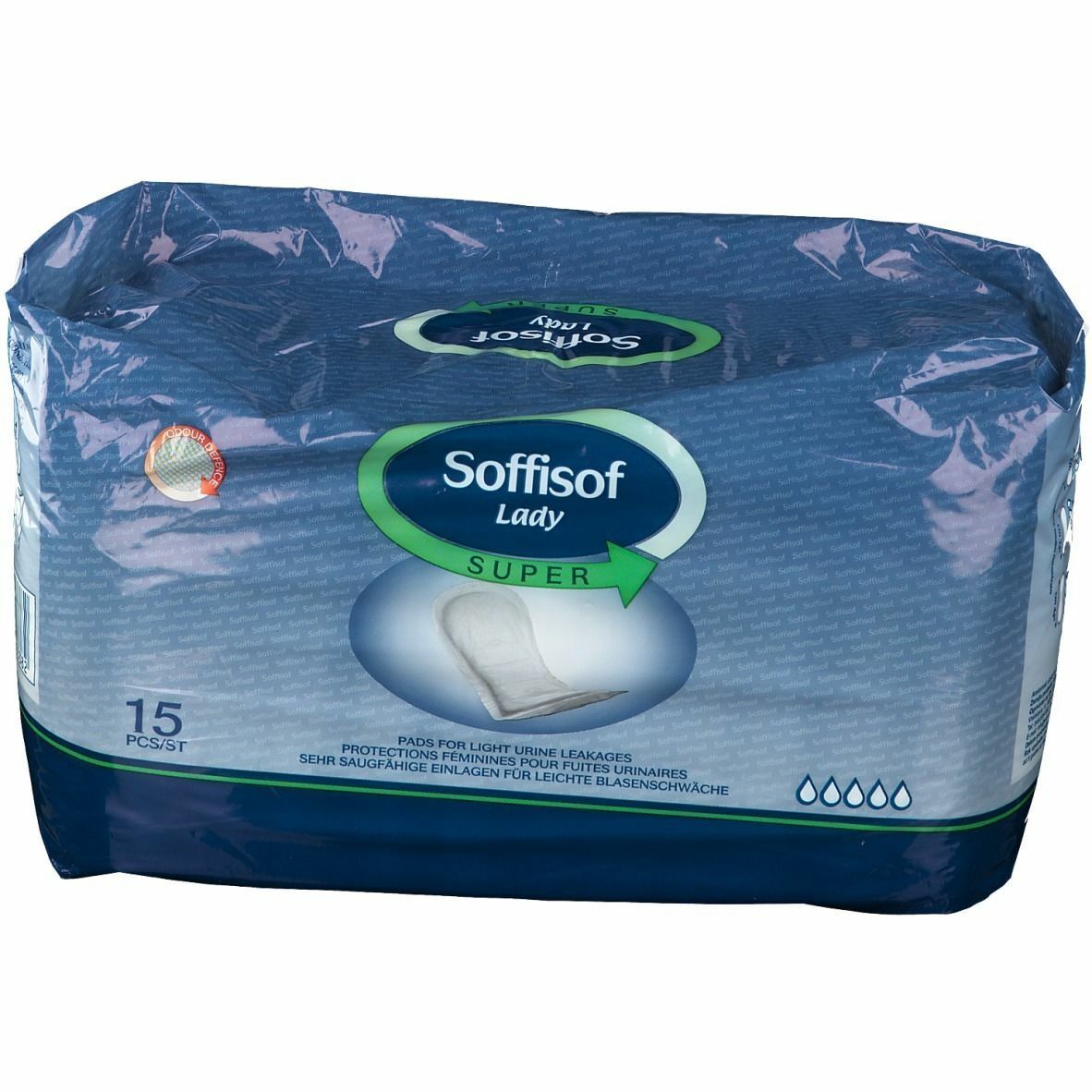 Verpackung Soffisof Lady Super. Blaue Verpackung mit Produktabbildung und Text. 15 Stück.