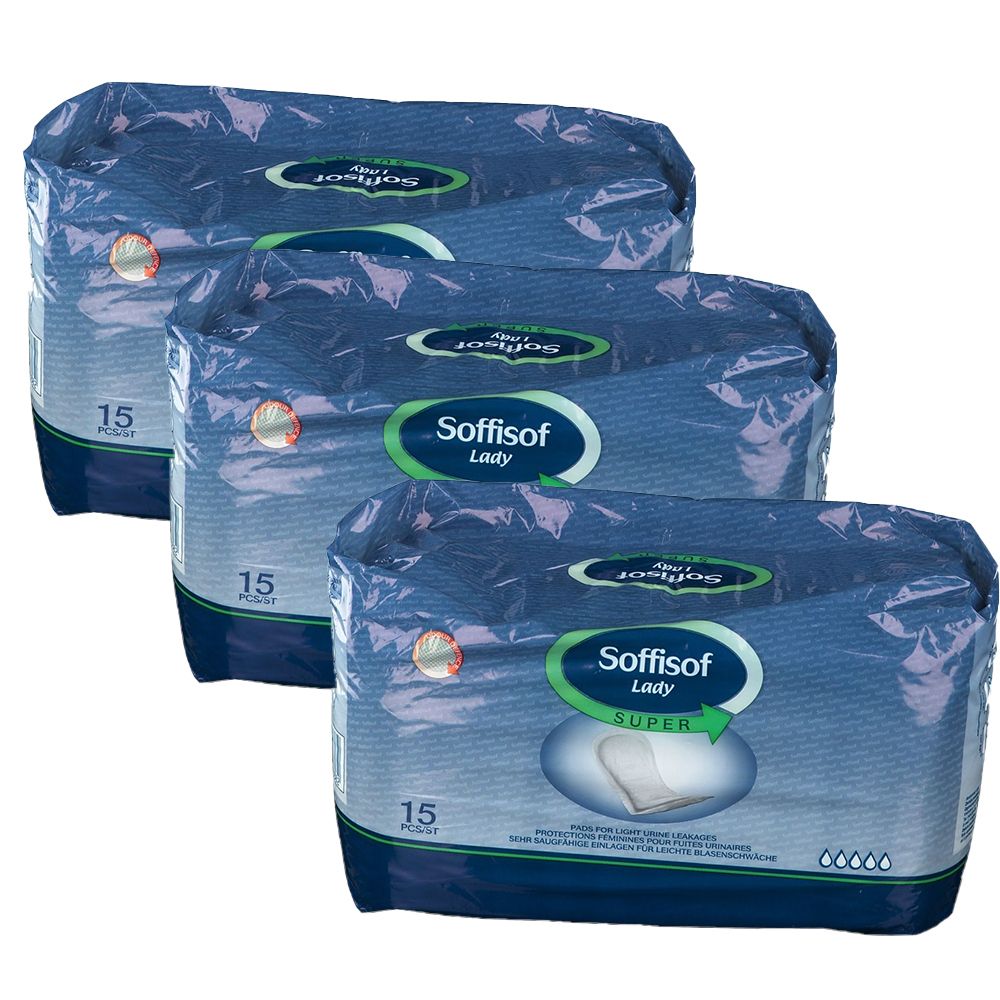 Drei Packungen Soffisof Lady Super Binden. Blaue Verpackung mit Produktlogo und 15 Stück Inhalt.